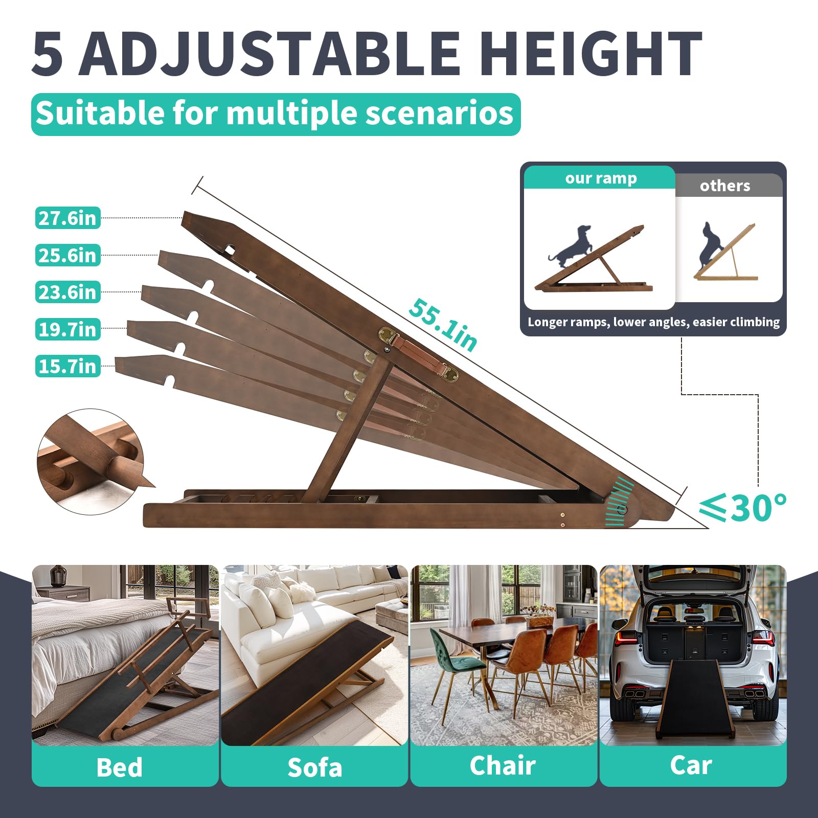 Dog Ramp, 5 Level Adjustable Height Folding Pet Ramp For High Bed, Portable Paw Ramps Large Bed Ramp For Medium & Large Old Dogs