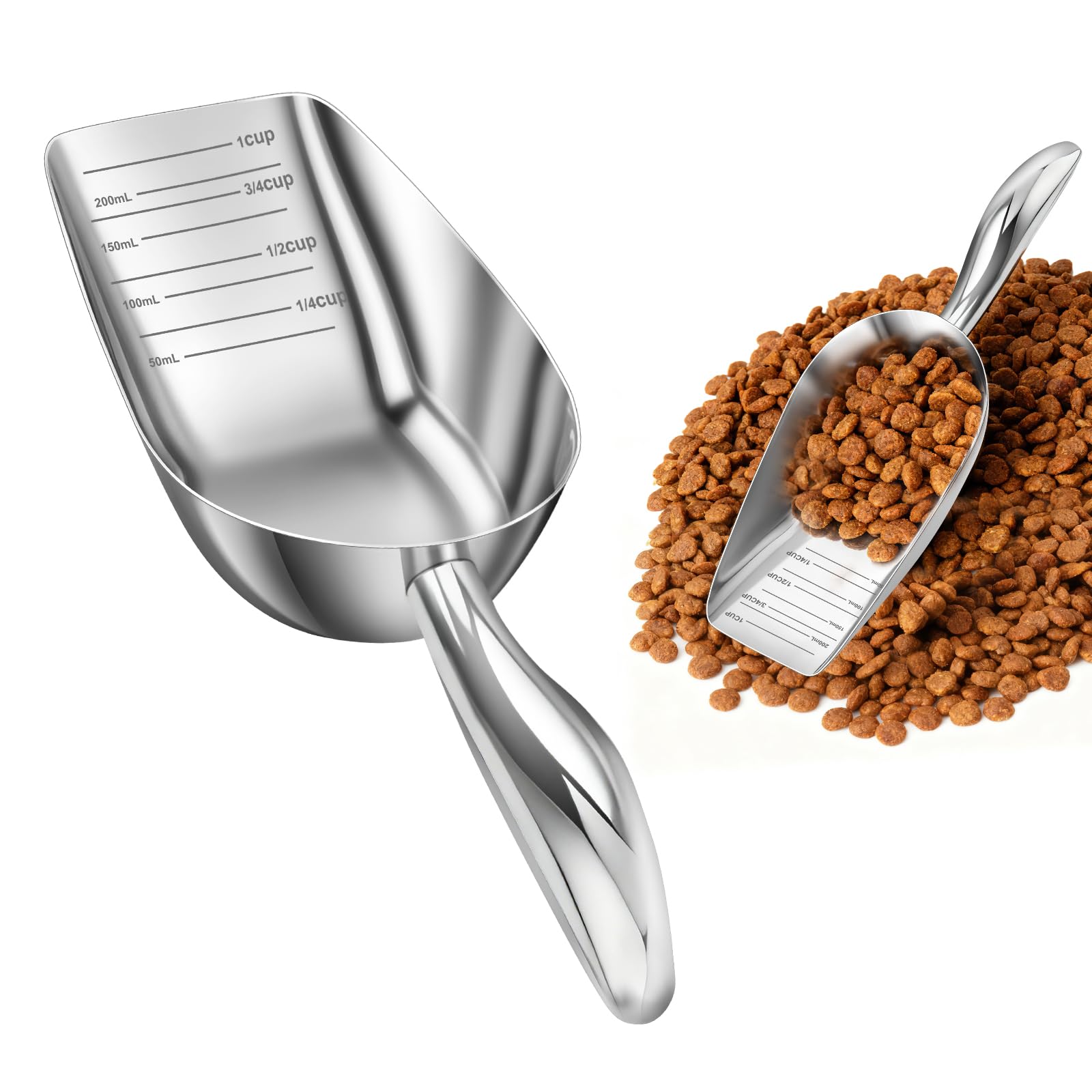Aosnare Stainless Steel Dog Food Scoop 1 Cup, Metal Pet Food Scoop With Measuring Lines (Cup/Ml), Dog Food Measuring Scoop For D