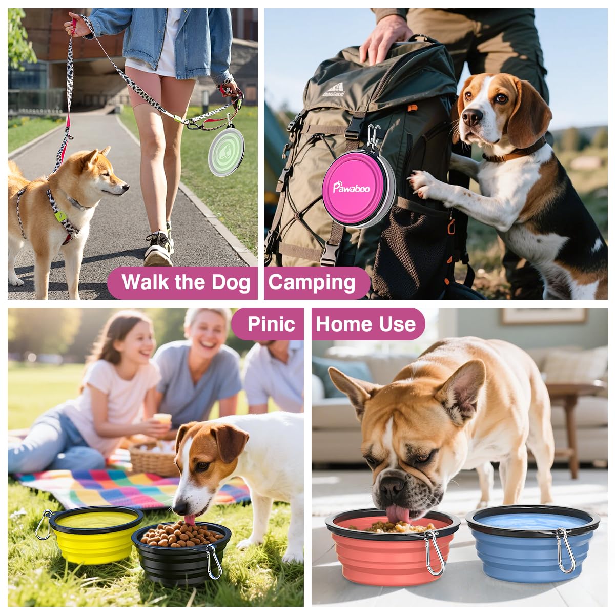 Pawaboo Collapsible Dog Bowls 2 Pack, Silicone Feeding Watering Bowls with Lids & Carabiners for Dogs Cats, Portable Water Feede