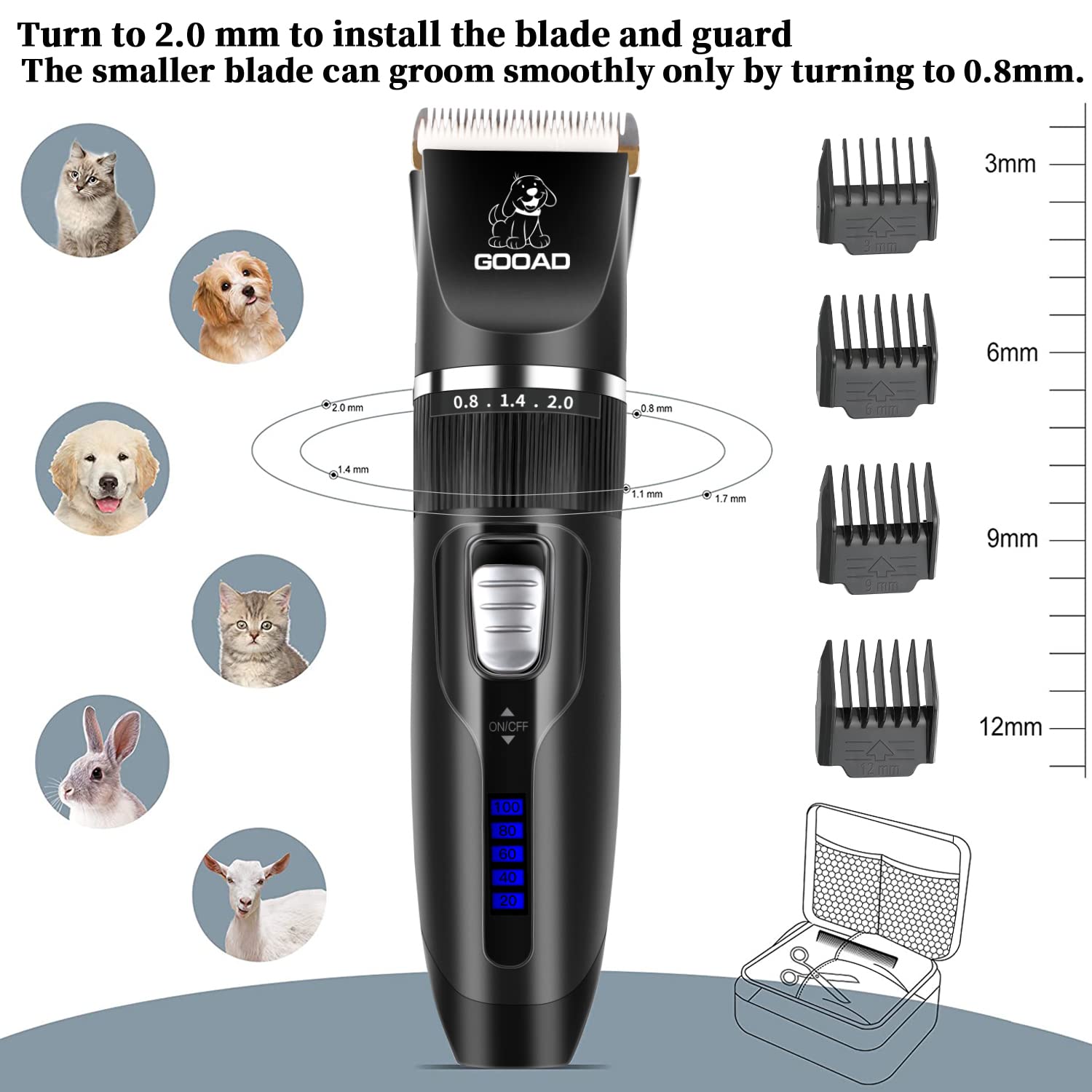 Gooad Professional Dog Grooming Clippers - Cordless, Low Noise, Ideal for Thick Coats, White