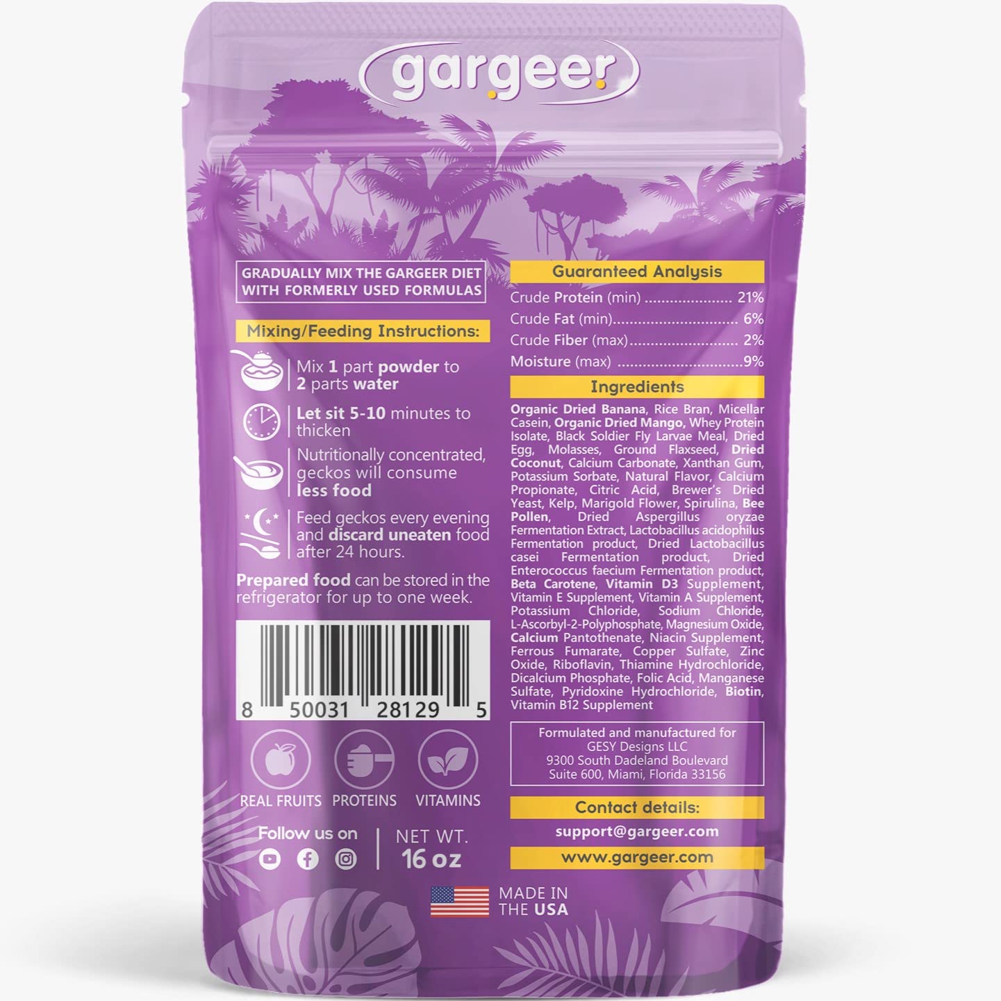 Gargeer 16oz Complete Crested Gecko Food Diet. Premium Mix, Ready to Use Freshly Made Powder. Unique Formula, Developed & Made i