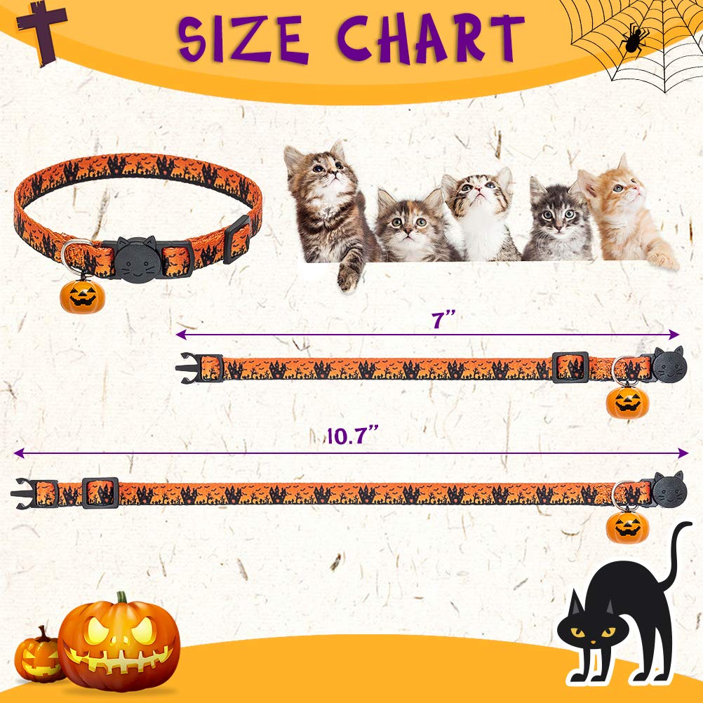 Kooltail Breakaway Cat Collar With Bells - 3 Pack Halloween Cat Collar With Pumpkin Ghost Patterns Safety Buckle Kitten Collars, Adjustable Cute Pet Collar For Boys And Girls Holiday Costume Orange