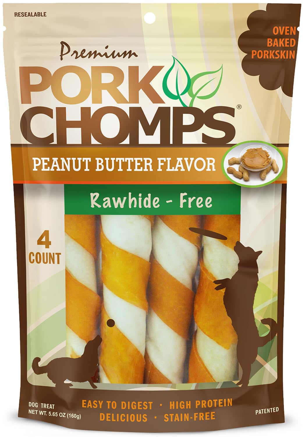 Pork Chomps Baked Pork Skin Dog Chew, 6-inch Twists, Peanut Butter Wrap, 4 Count