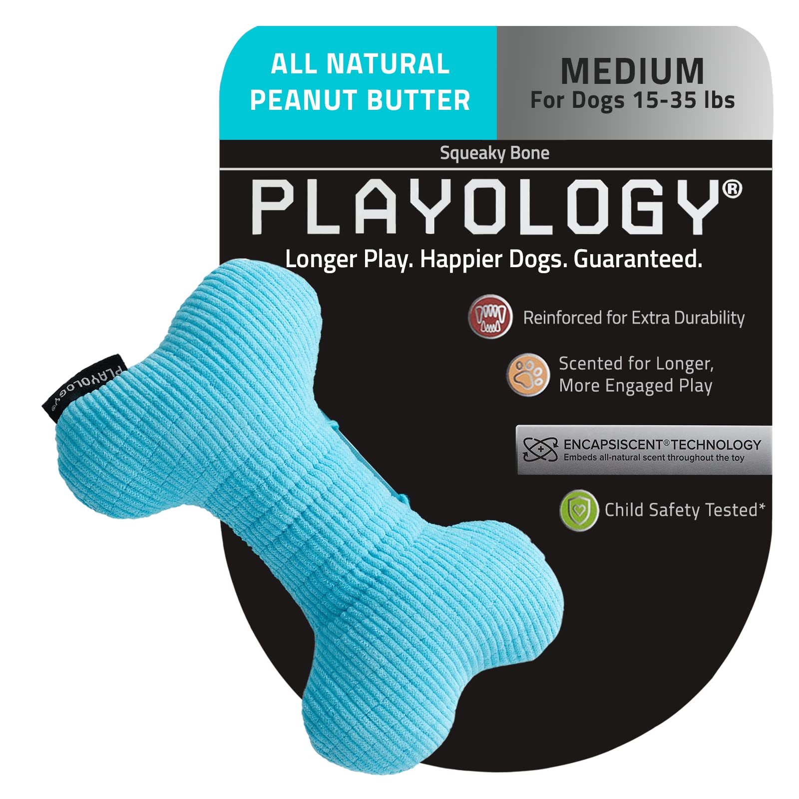 Playology Plush Squeaky Bone Toy For Medium Breed Dogs (15-35 Lbs) - Engaging All-Natural Peanut Butter Scent