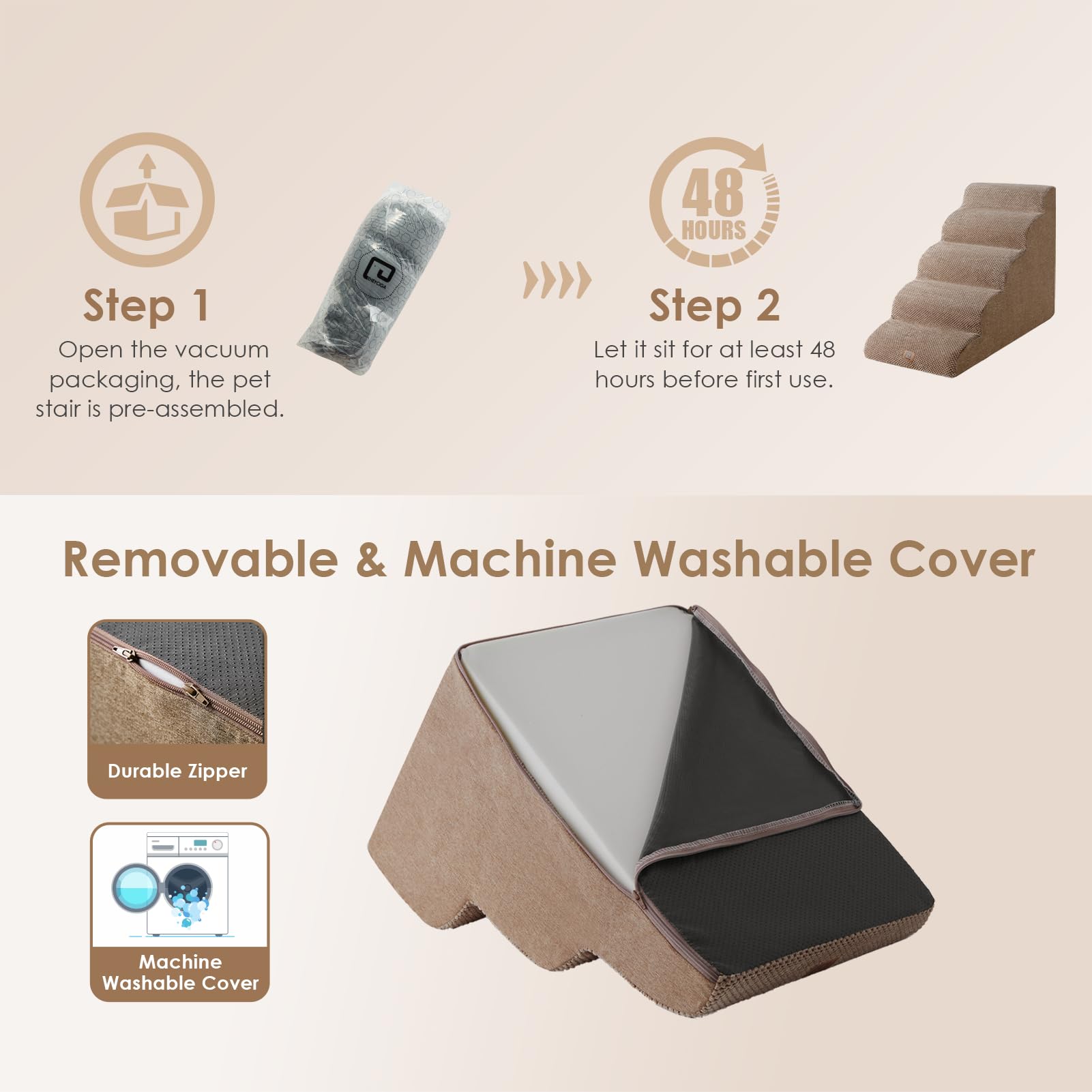 EHEYCIGA Curved Dog Stairs Ramp - 5-Step Pet Steps for High Beds, Non-Slip, Camel Color, Model ECUS23PPT10FB25FI