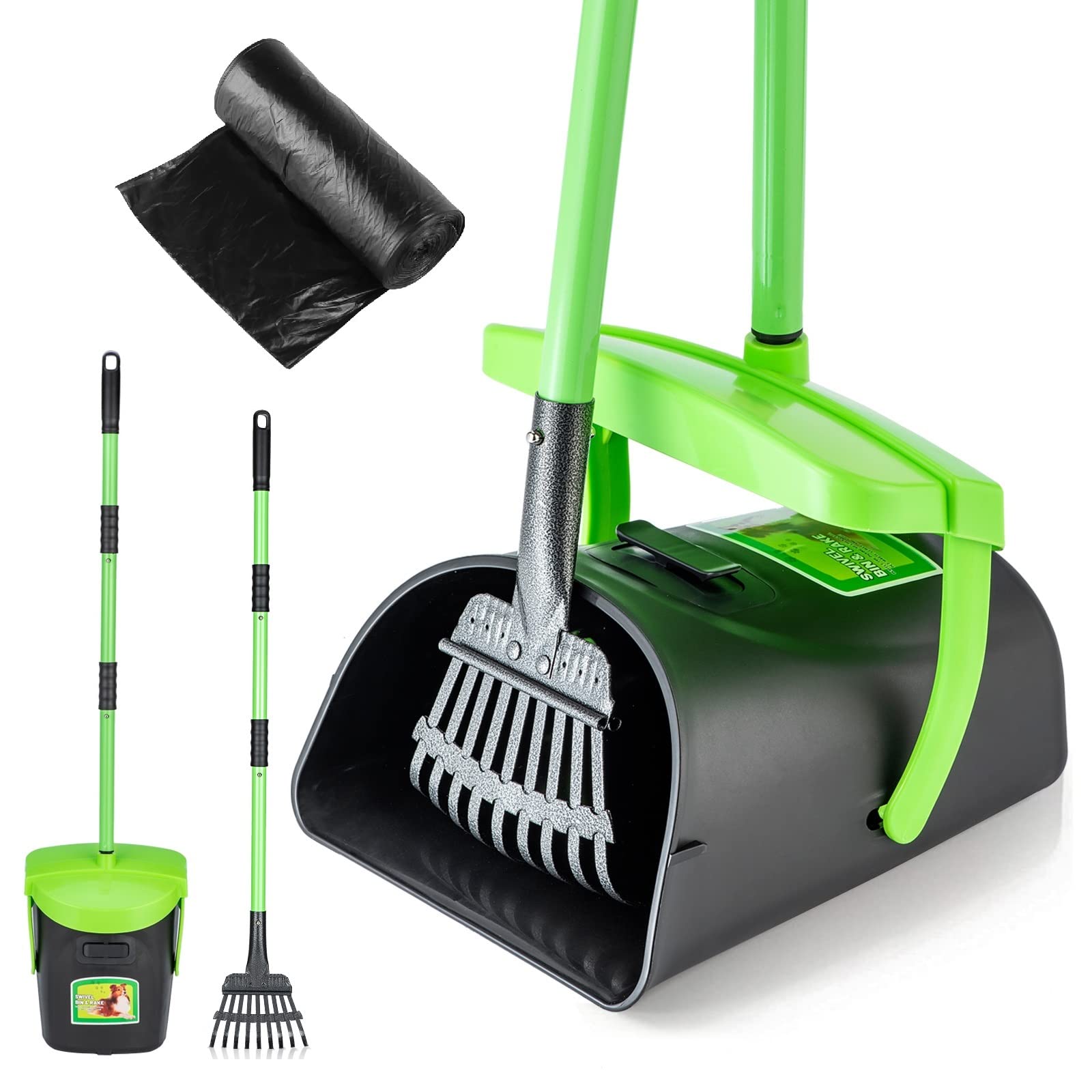Mxf Pooper Scooper Swivel Bin & Rake Kit With 20 Waste Bags, 36.6'' Long Handle Adjustable Portable Non-Breakable Dog Pooper Sco