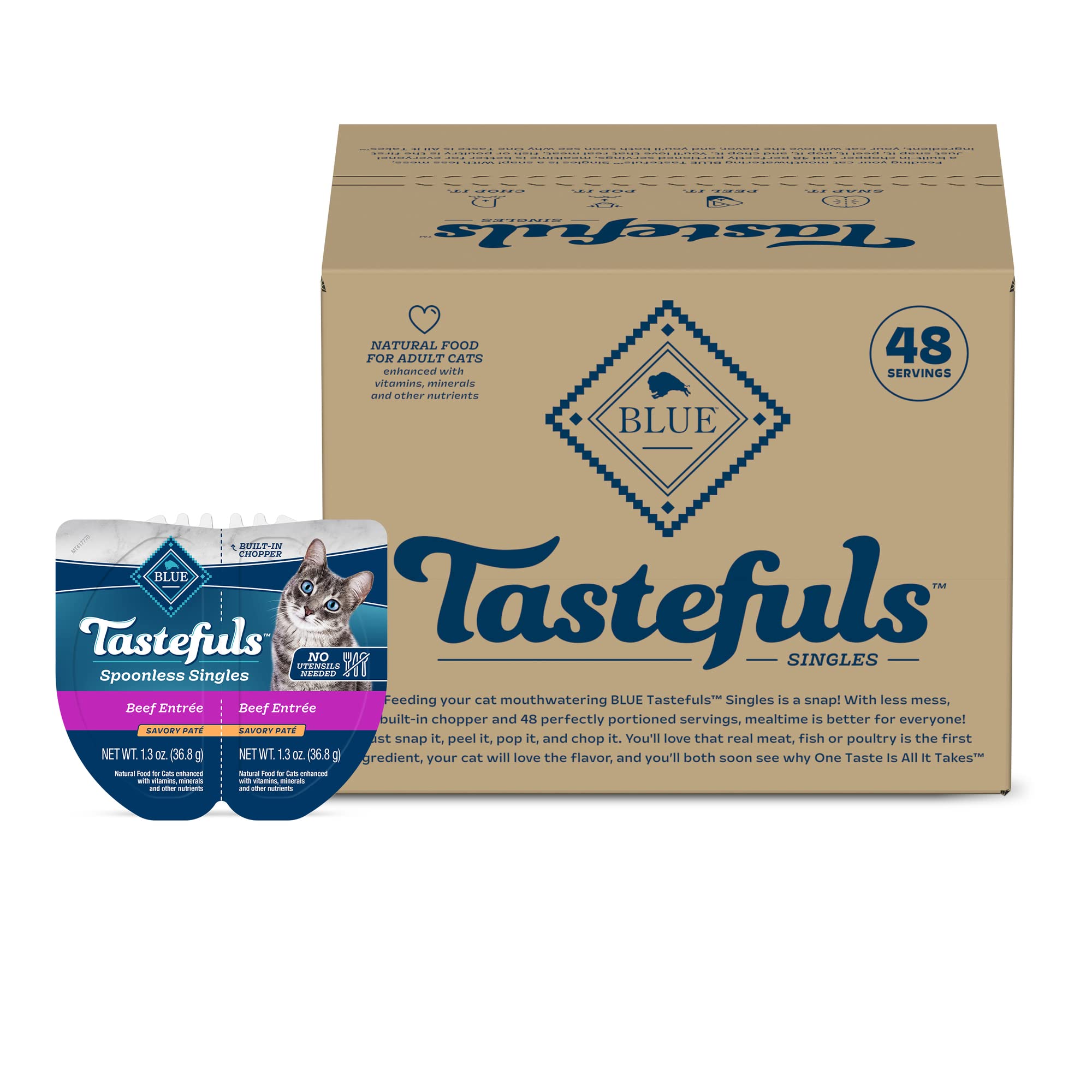 Blue Buffalo Tastefuls Spoonless Singles Natural Wet Cat Food Pat  , 2.6-oz Twin-Pack Trays, Beef Entre   (24 Count)