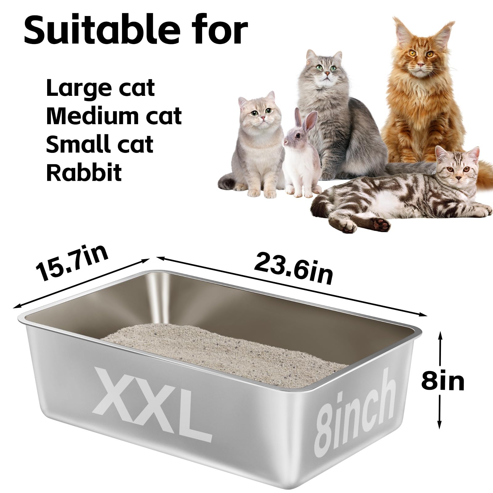 Egmehoad Stainless Steel Cat Litter Box,Xxl Metal Litter Box For Big Cats 8In Deep, Metal Pet Toilet Easy To Clean,High Sided Li