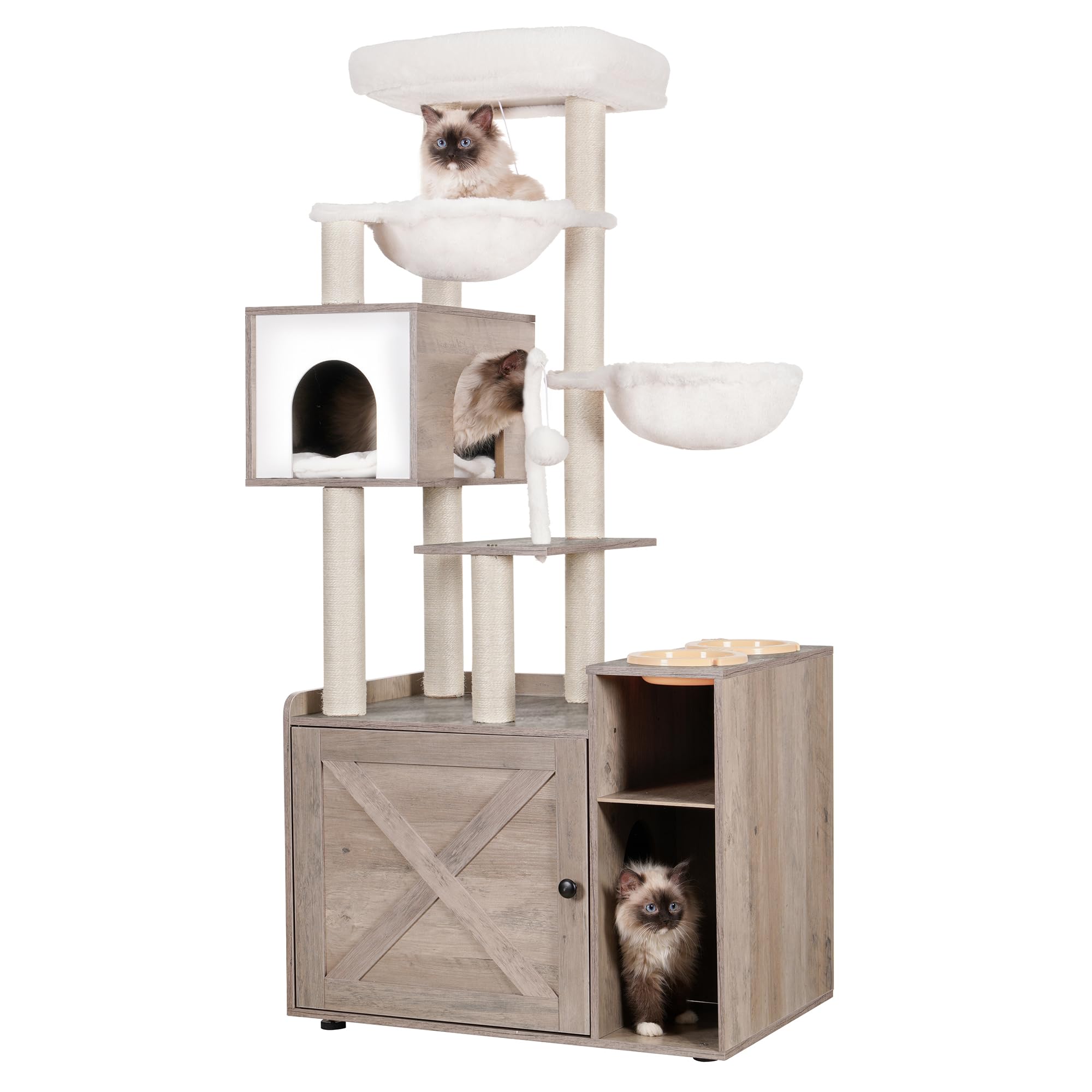Hey-brother Cat Tree with Litter Box Enclosure, Modern Cat Tower for Indoor Cats with Large Platform, Condo Food Station and 2 H