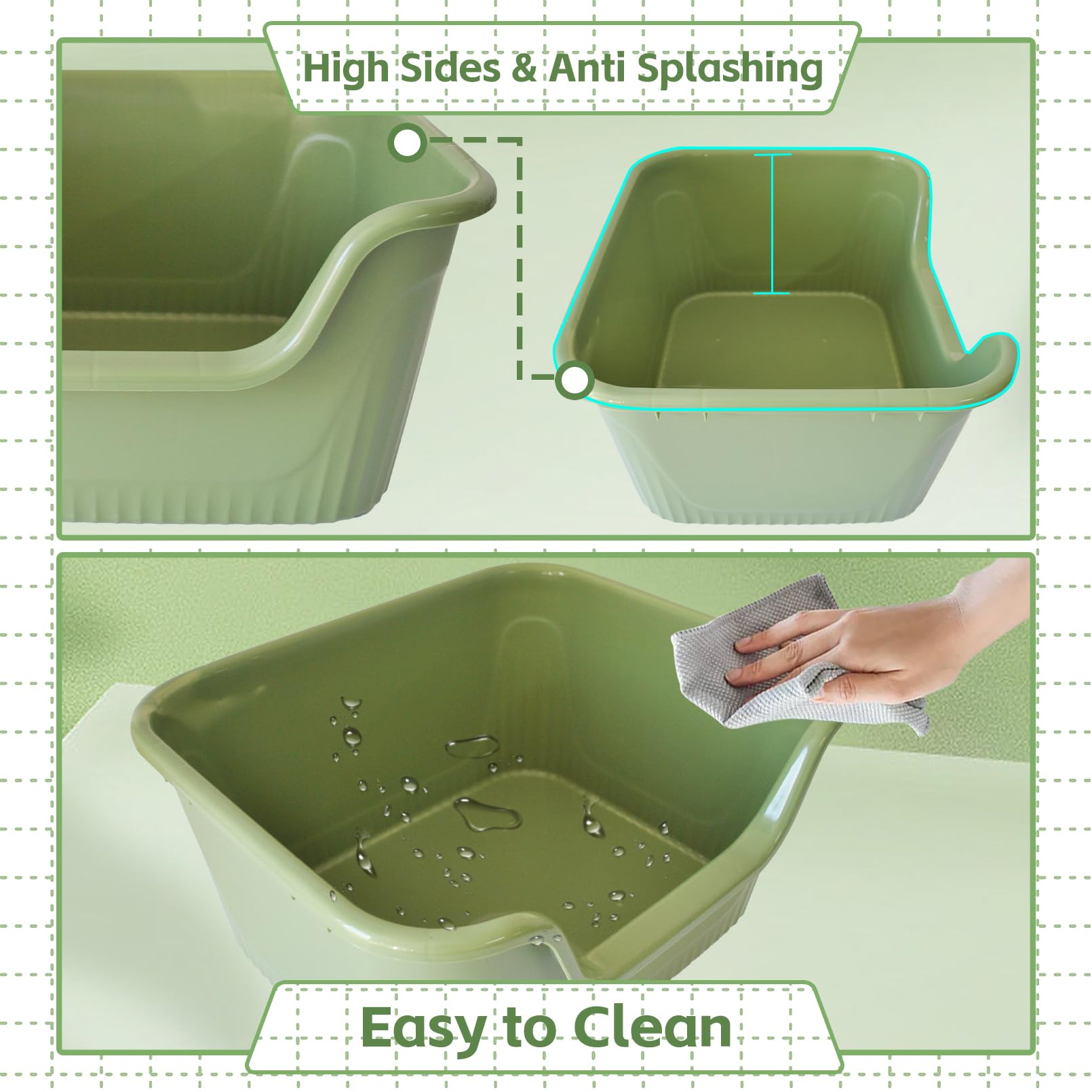 Muyg Large Cat Litter Box With High Sides,17.5X15X8.9 Open Top Cat Litter Pan Anti Splashing Non-Stick Litter Tray Low Ent