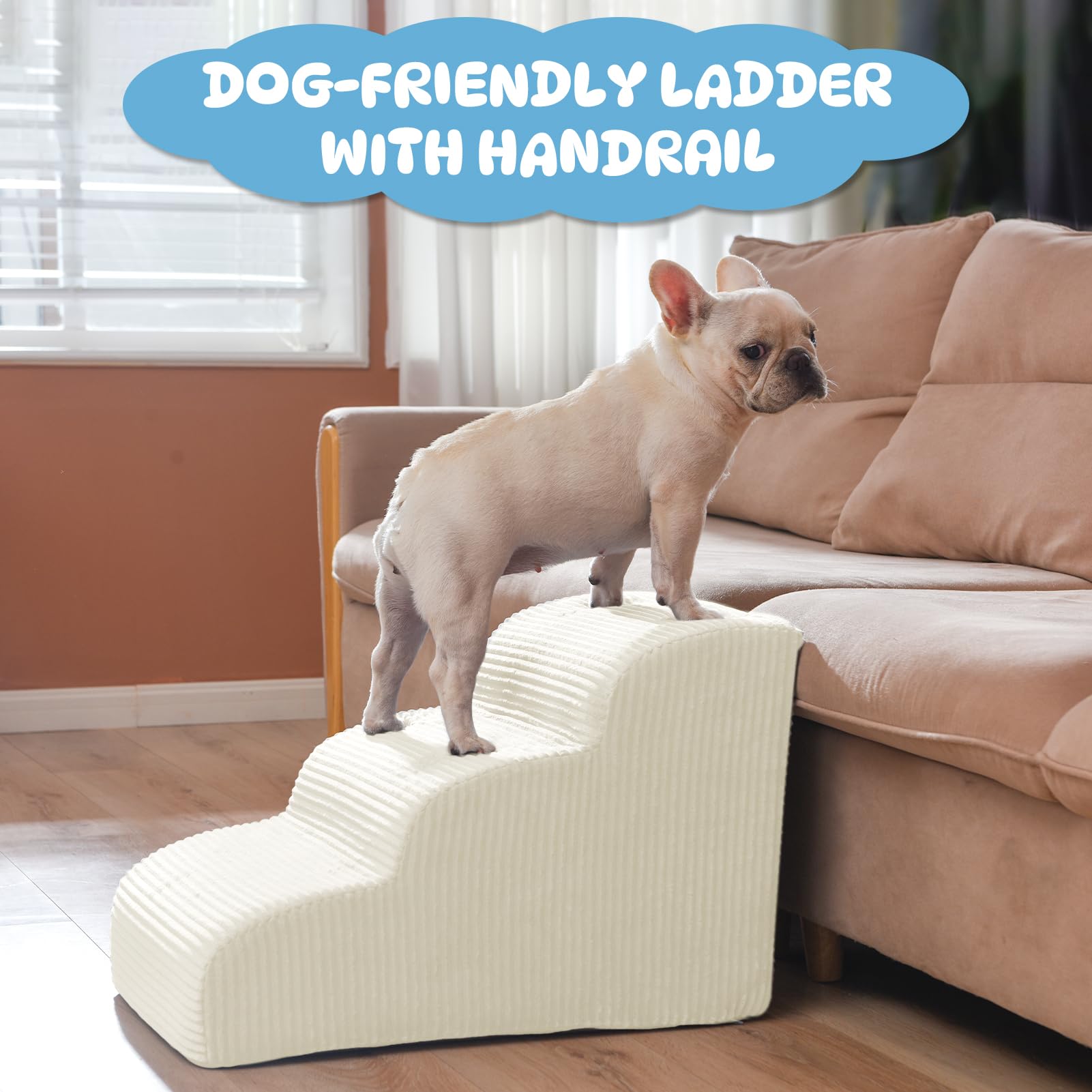 Mesa Lemon 3-Step Pet Stairs for Small Dogs & Cats, Non-Slip, Removable Cover, Beige, 16"H, Model ML-YKUS240521DS3BEIGE