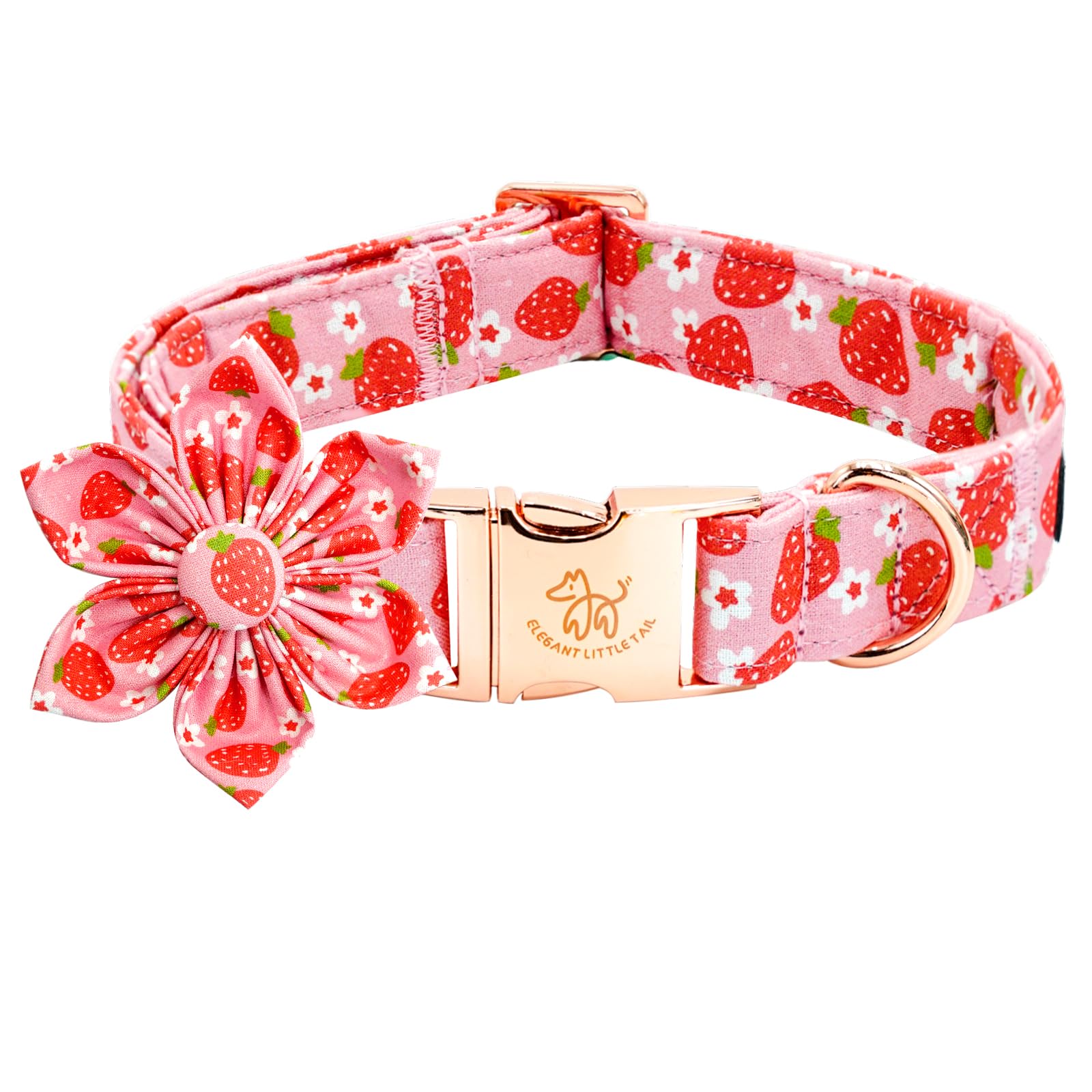 Elegant Little Tail Spring Dog Collar, Strawberry Print Cotton Soft Medium Dog Collar With Removable Flower Decoration, Fits Nec
