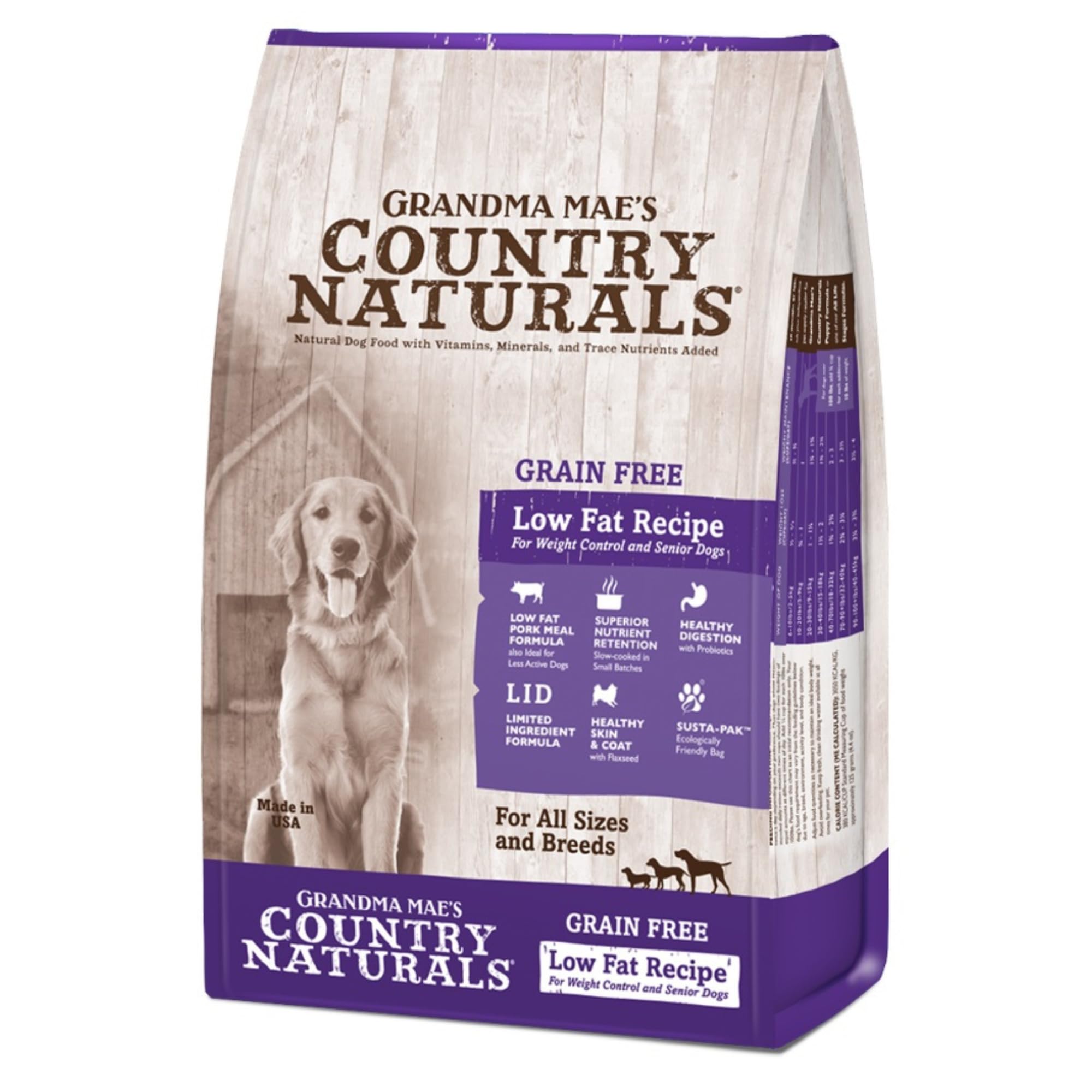 Grandma Maes Country Naturals Dry Dog Food, Grain Free Weight Control & Senior Dog Formula, Pork, Slow Cooked & Nutrient Dense,