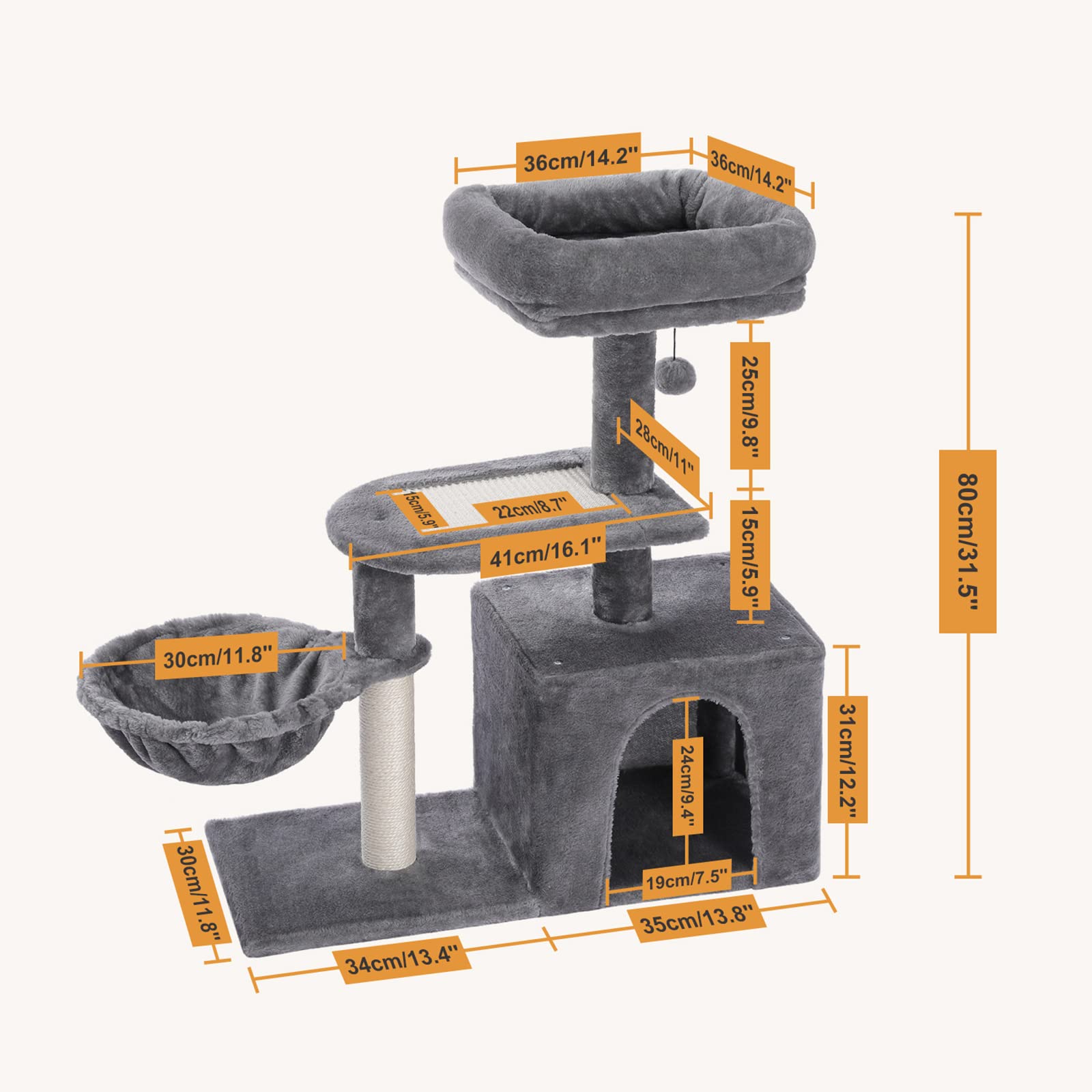 Petepela Cat Tree For Small Indoor Cats, Plush Cat Tower With Large Cat Condo, Deep Hammock And Sisal Cat Scratching Post For Ki