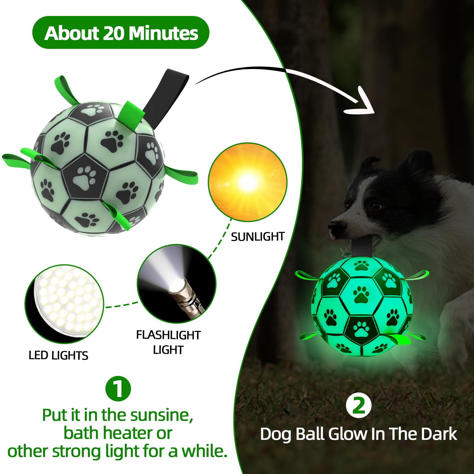 Qdan Glow In The Dark Dog Toys Soccer Ball With Straps - Light Up Dog Balls For Large Dogs, Interactive Dog Toys With Strap For Tug Of War,Puppy Birthday Gifts (8 Inch)