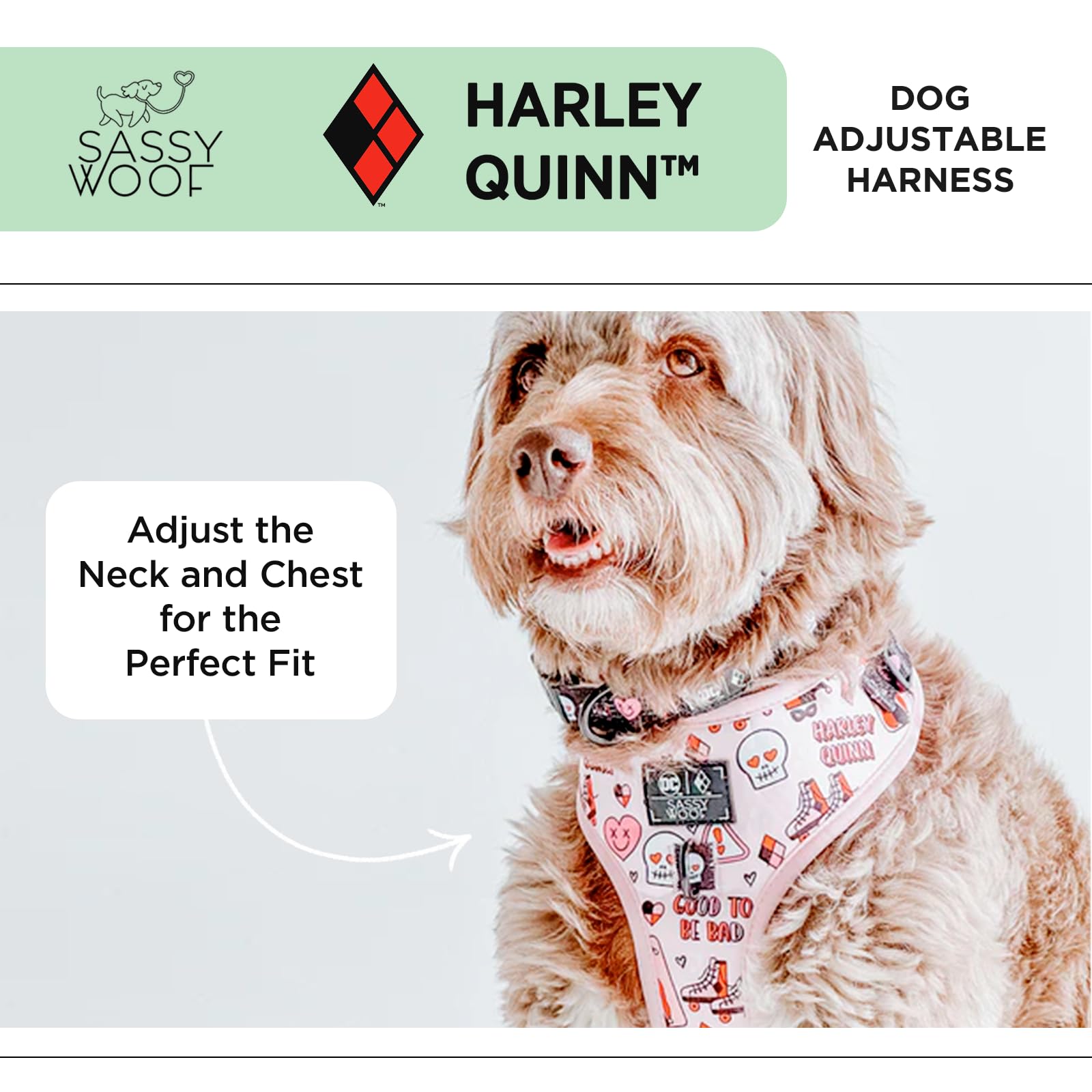 Sassy Woof Dog Adjustable Harness - Harley Quinn - Xl, Breathable Mesh, No Pull Design With Two D-Rings, Patented Design, Perfec