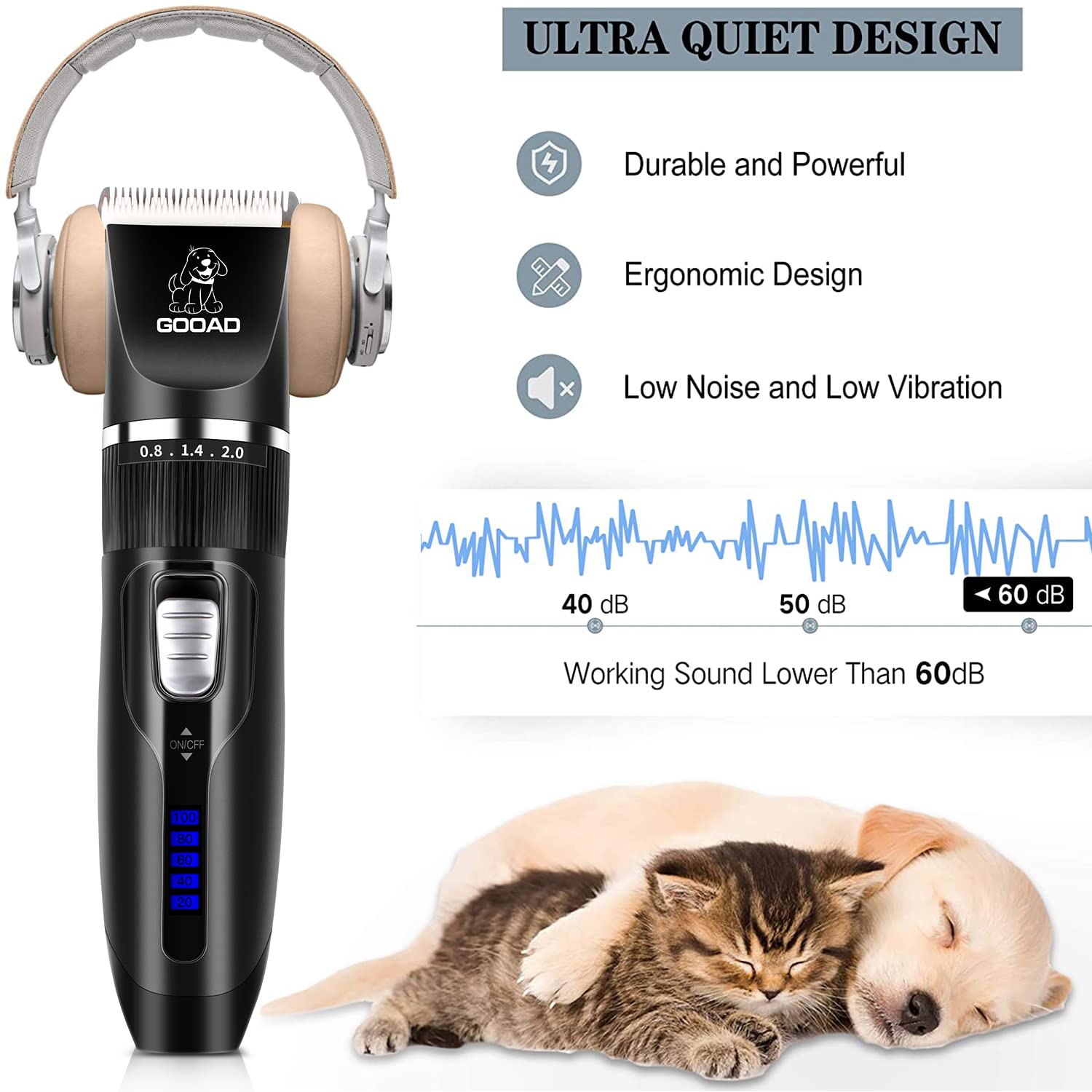 Gooad Professional Dog Grooming Clippers - Cordless, Low Noise, Ideal for Thick Coats, White