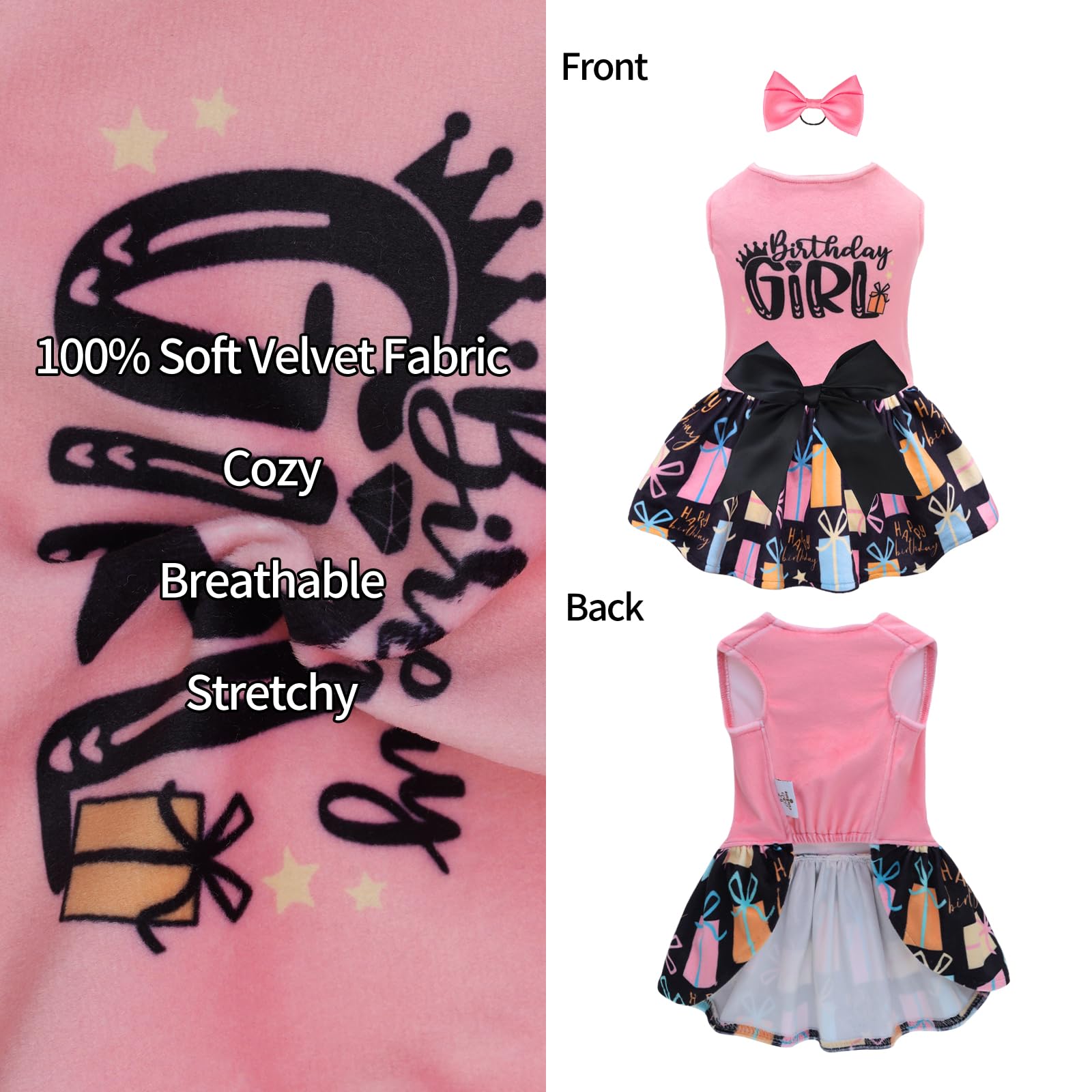 Cutebone Birthday Dog Dresses Velvet Holiday Small Dogs Clothes Onesie Pet Apparel Girl Puppy Skirt With Bow Hair Rope Cva48M-D