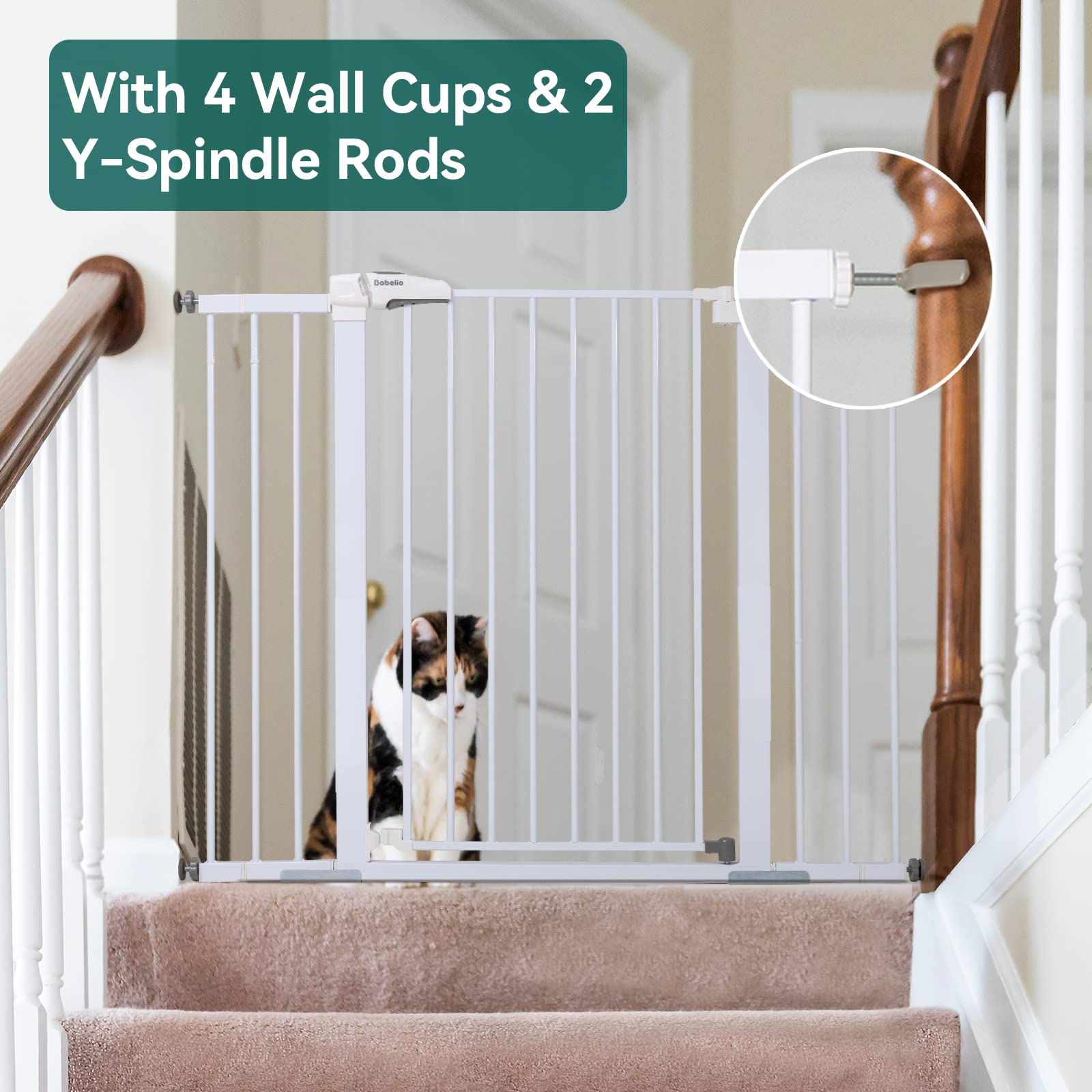 Babelio 36' Tall Baby Gate, 29-48' Auto Close Pressure Mounted Dog Gate For Stairs, Doorways & Hallway, Protector Basics Easy Walk Thru Pet Gate, Metal Child Gate With 2*Y Spindle Rods, White