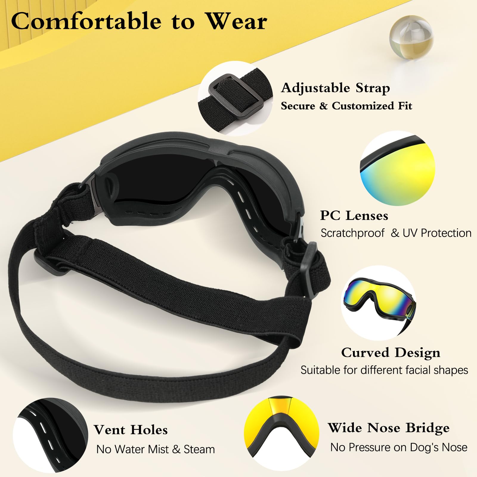 Lewondr Dog Goggles Medium Breed, Dog Sunglasses With Adjustable Straps & Air Vents, Uv/Wind/Dust/Fog/Snow Proof Dog Eye Protect
