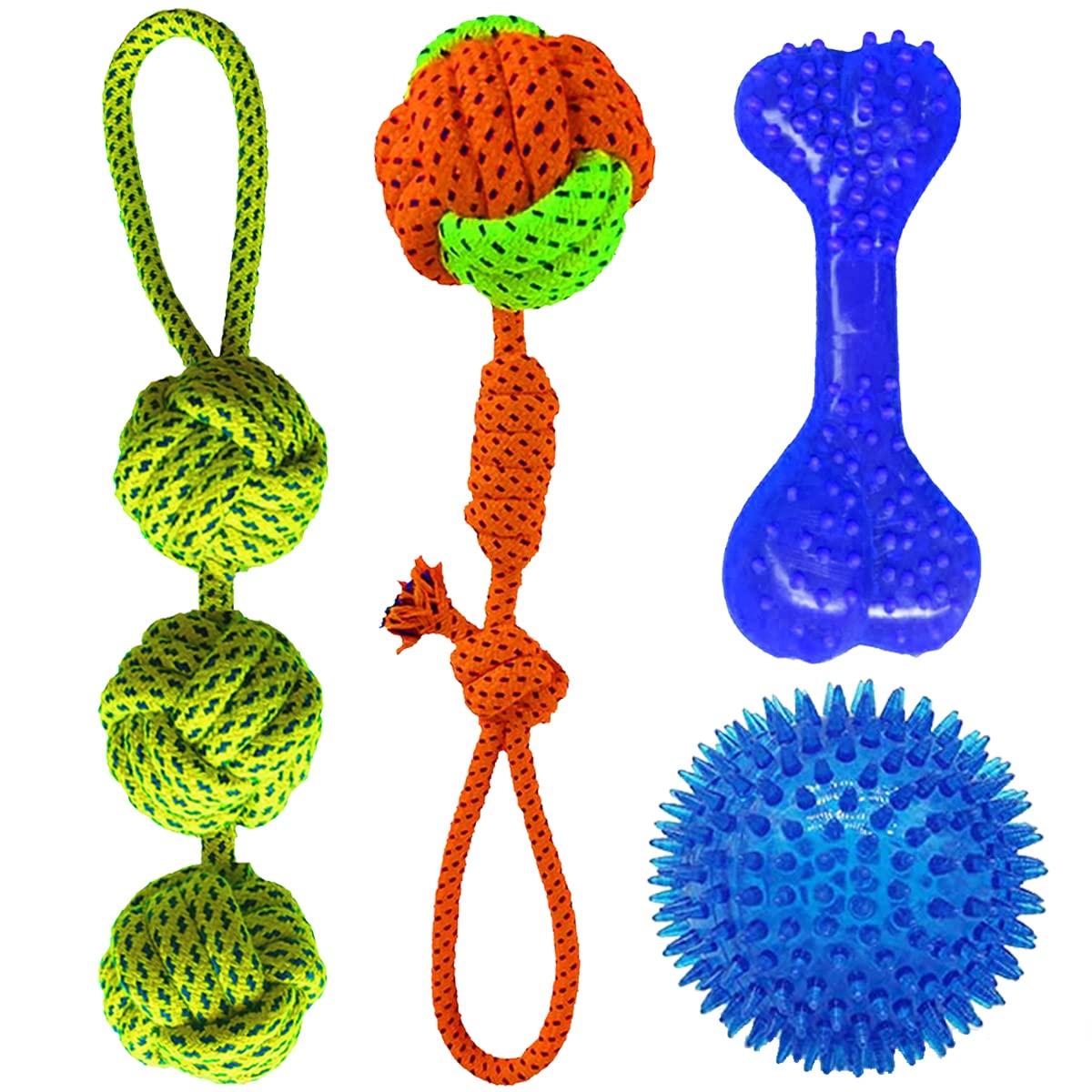 Youhavedeal Dog Chew Toys For Puppy Teething  4 Pack Indestructible Pet Toys For Puppy Chewers, Interactive Ball, Bone, Tug Of 