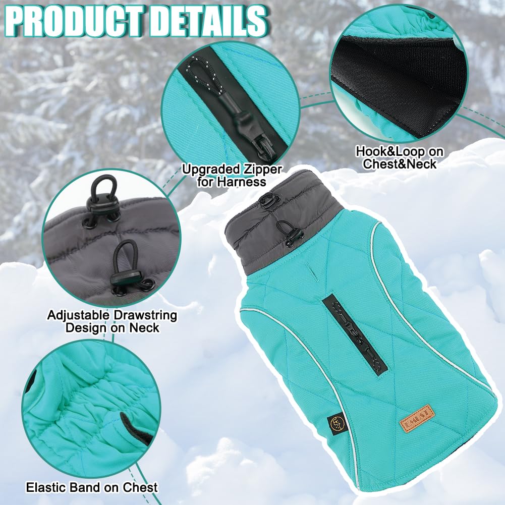 Emust Dog Winter Coats, Windproof Jackets For Cold Weather With Lofty Collar, Reflective Puppy Clothes For Small Dogs, Turquoise
