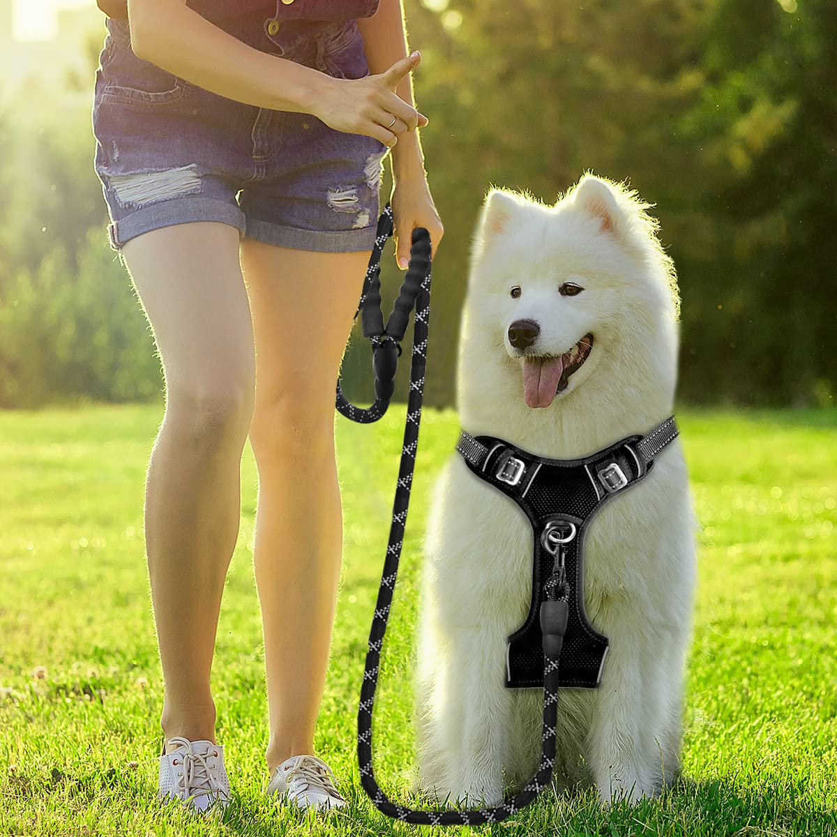 BARKBAY No Pull Dog Harness Front Clip Heavy Duty Reflective Easy Control Handle for Large Dog Walking with ID tag Pocket(Black,