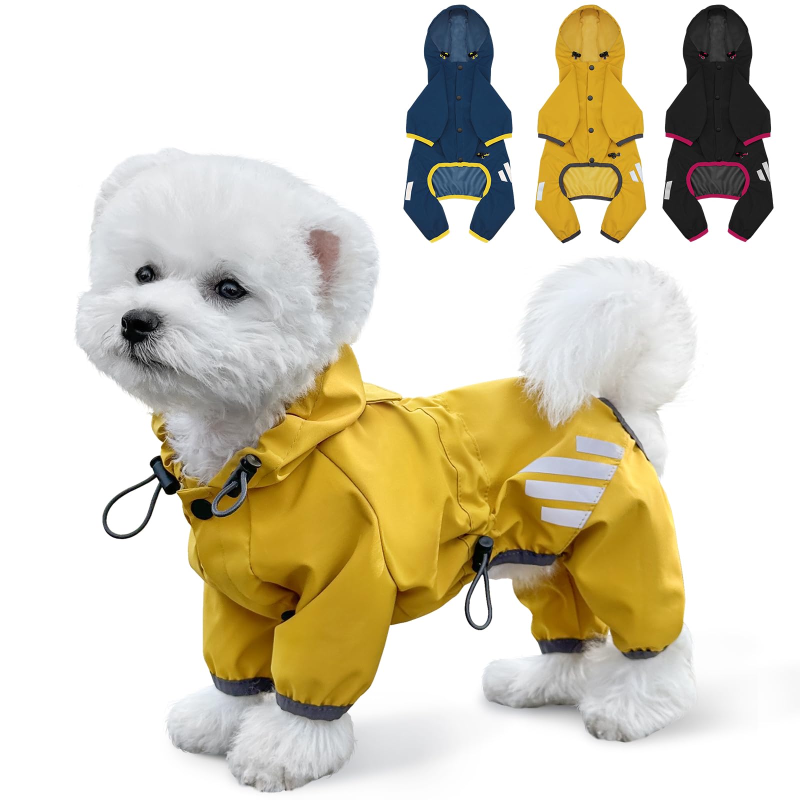 Dog Raincoat, Waterproof Dog Rain Jacket with Hood, Dog Rain Coat with Leash Hole, Reflective Strap for Small Medium Dogs, Light
