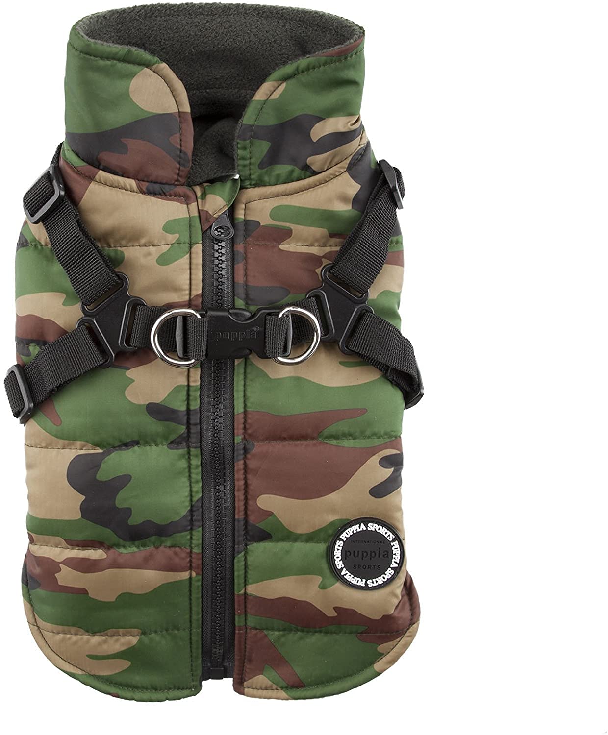 Puppia Mountaineer Winter Dog Coat With Integrated Harness No Pull Cold Weather Waterproof Warm Fleece Back Zipper For Small & Medium Dog, Camo, Large