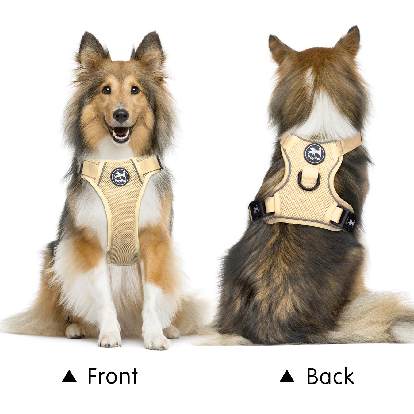 Poypet Reflective Soft Breathable Mesh Dog Harness Choke-Free Double Padded Vest With Adjustable Neck And Chest(Khaki,L)