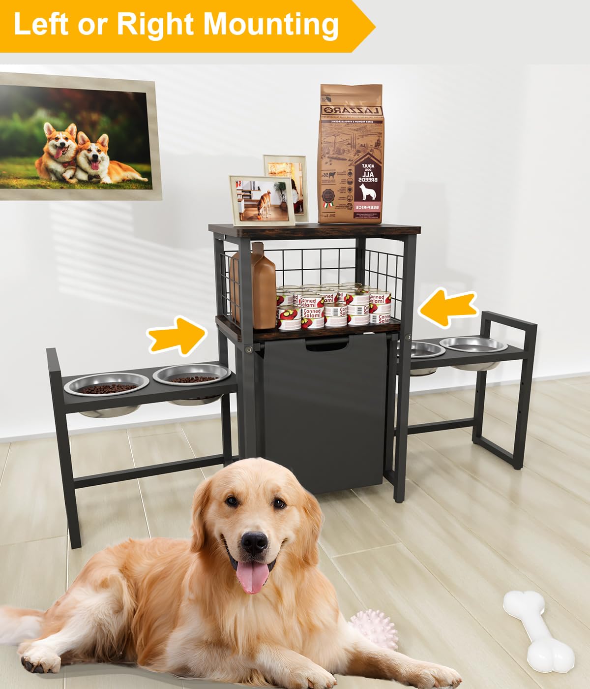 Sungaryard Elevated Dog Bowls Toy Basket Pet Feeding Station, Adjustable Dog Raised Bowl Stand with Pet Storage Organizer for La