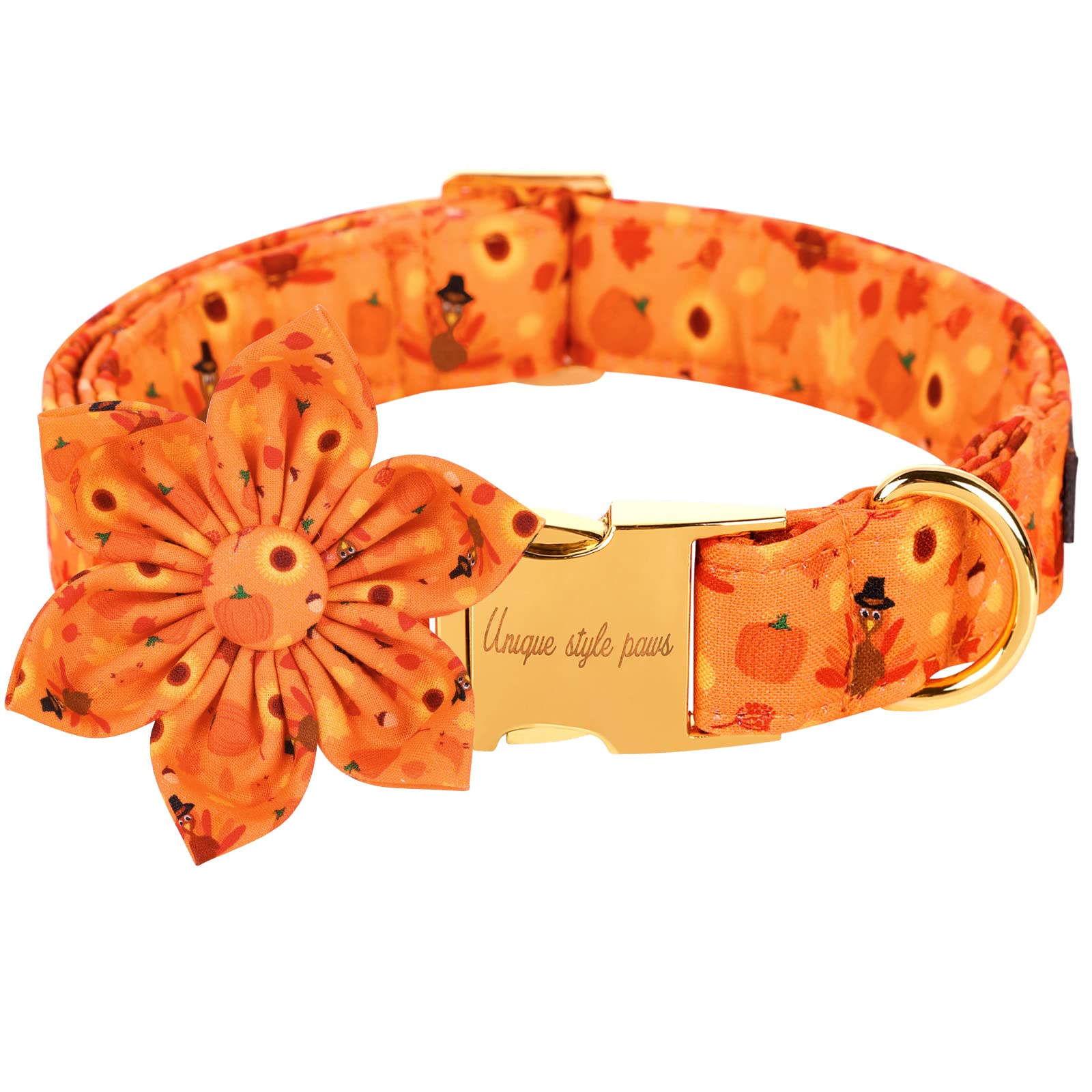 Unique Style Paws Halloween& Dog Collar With Flower Tie Pumpkin Cotton Collar Adjustable Puppy Collar Best Thanksgiving Gift For Small Medium Large Dogs-Turkey & Pumpkin Theme-L