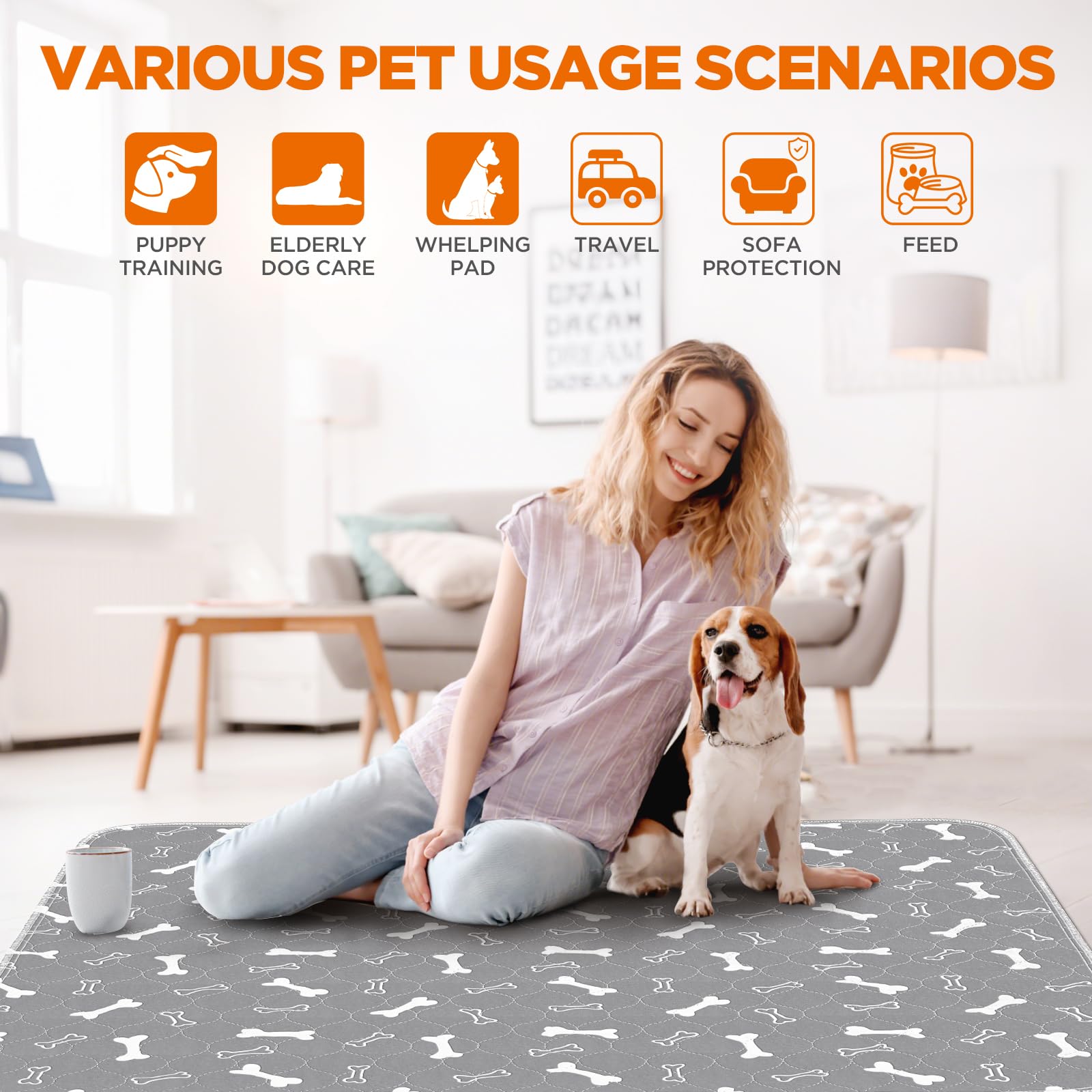 Baodan Washable Dog Pee Pads, 36"x41", Gray, 2 Pack, 100% Waterproof, Non-Slip, Reusable Potty Training Pads
