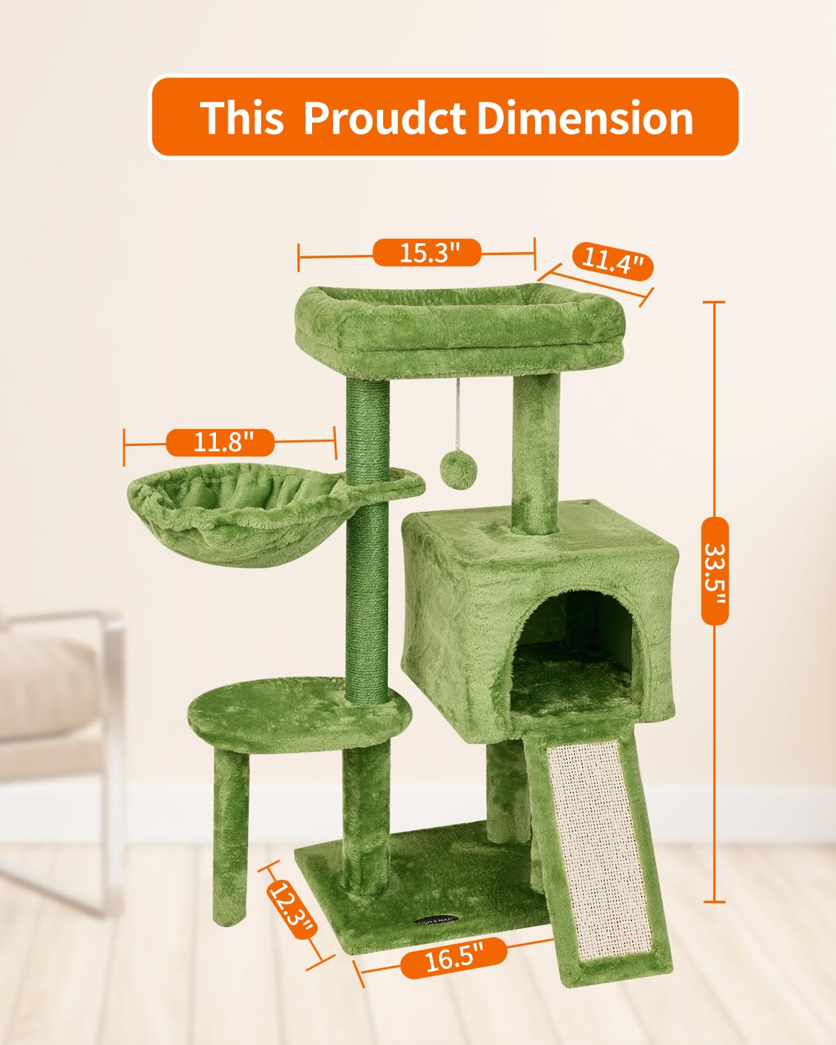 Fish&Nap Cute Cat Tree Kitten Cat Tower For Indoor Cat Condo Sisal Scratching Posts With Jump Platform Cat Furniture Activity Center Play House Green