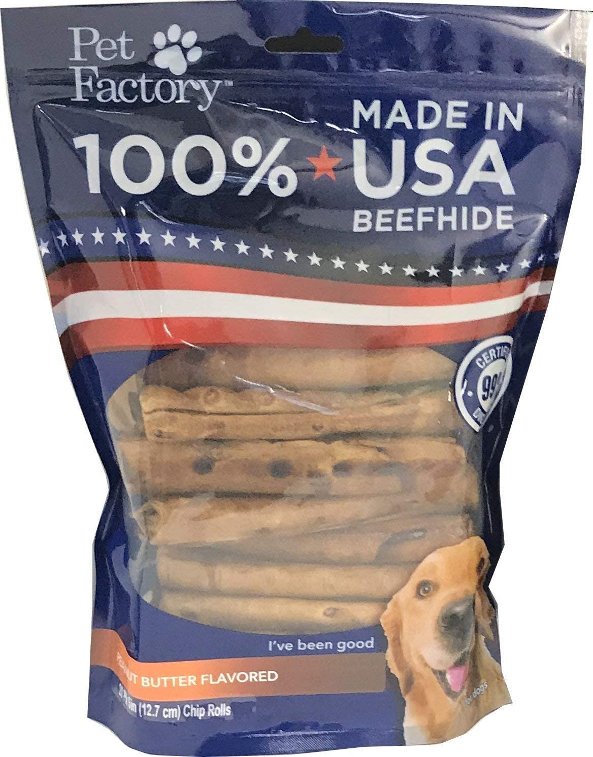 Pet Factory 100% Made in USA Beefhide 5  Chip Rolls Dog Chew Treats - Peanut Butter Flavor, 20 Count/1 Pack
