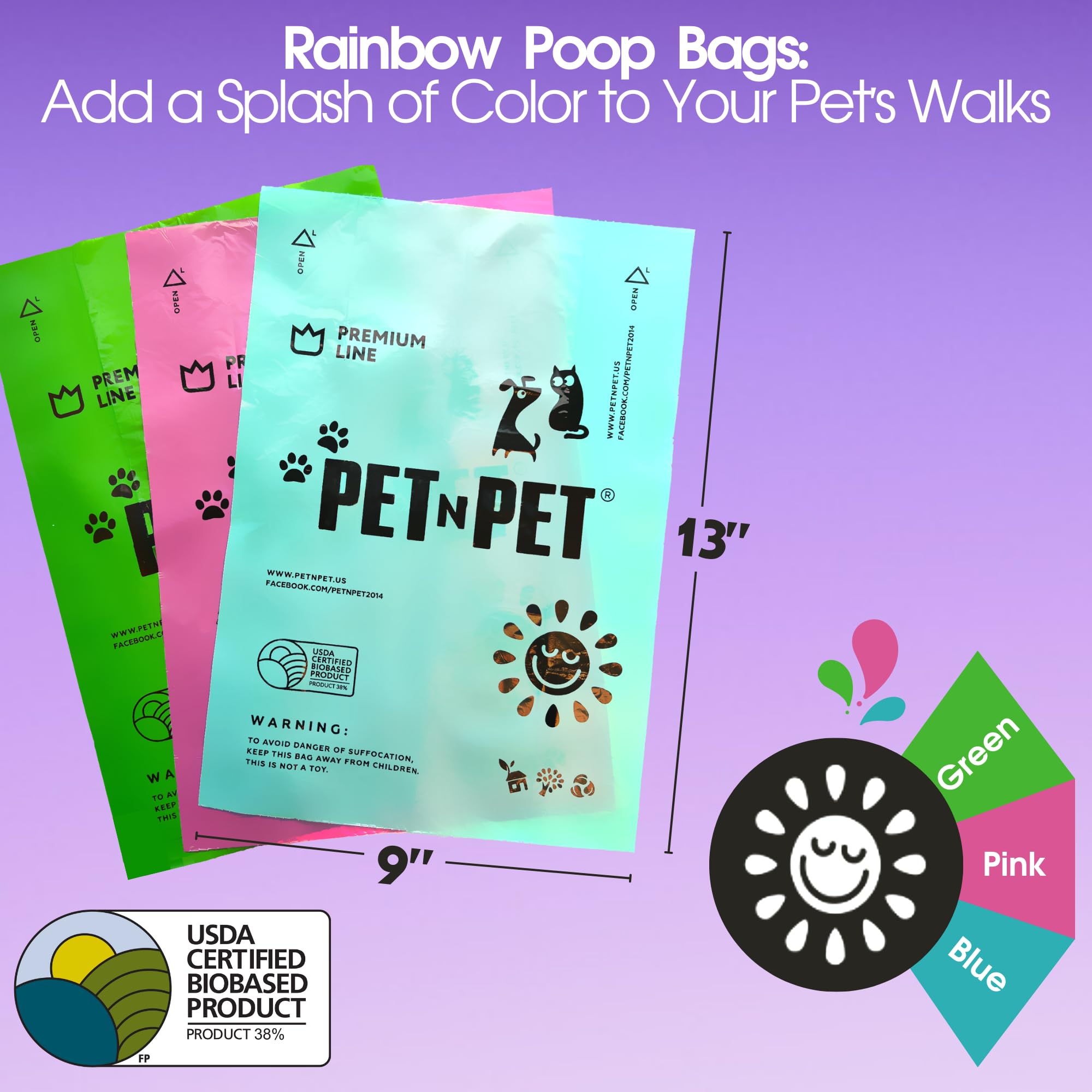 PET N PET Lavender Scented Dog Poop Bags, 270 Count, Plant-Based, Colorful Rainbow, Model PNP Rainbow