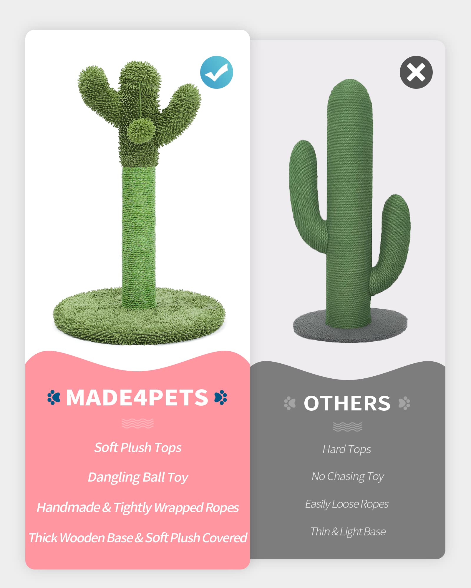 MADE 4 PETS Cat Scratching Post - Cactus Design, Sisal Rope, Medium 25.6", Green, Model MAMT0169-M, Indoor Claw Scratcher with