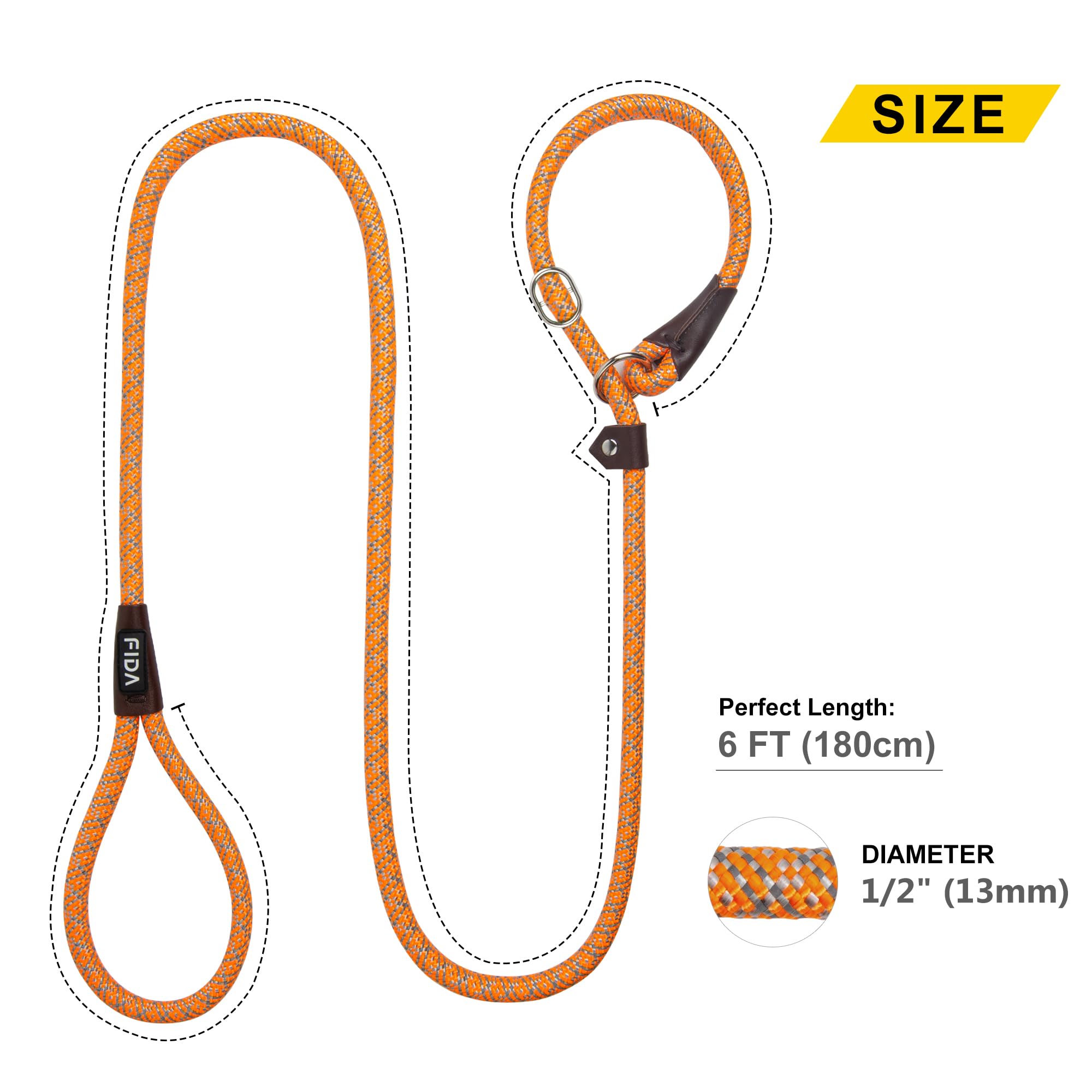 Fida Durable Slip Loop Lead For Large, Medium Dogs, 6 Ft X 1/2' Heavy Duty, Comfortable Strong Rope, No Pull Pet Training Leash With Highly Reflective, Orange
