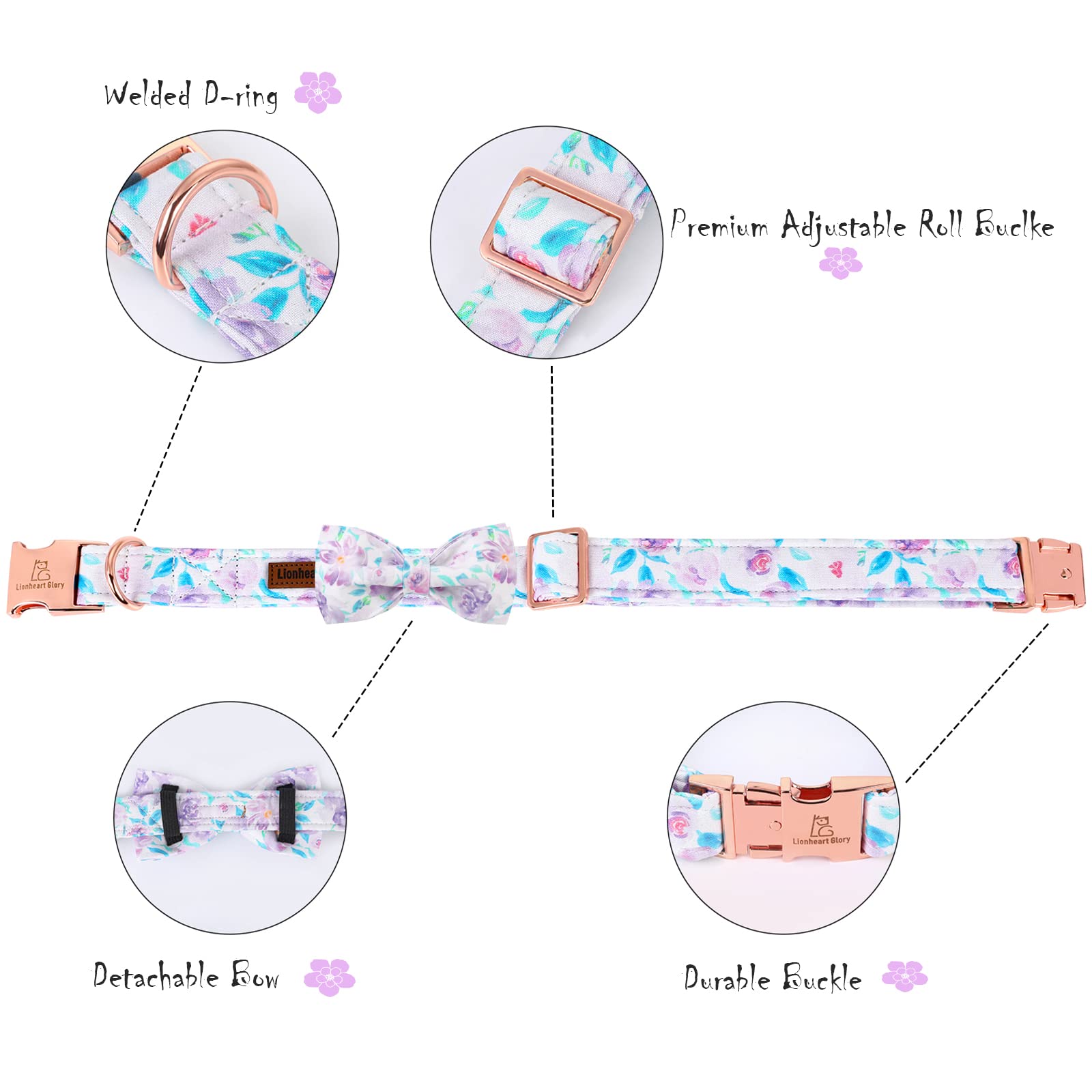 Lionheart Glory Purple Dog Collar, Adjustable Dog Collar With Bowtie, Pet Gift Collar For Dog Soft Bowtie Dog Collars For Medium