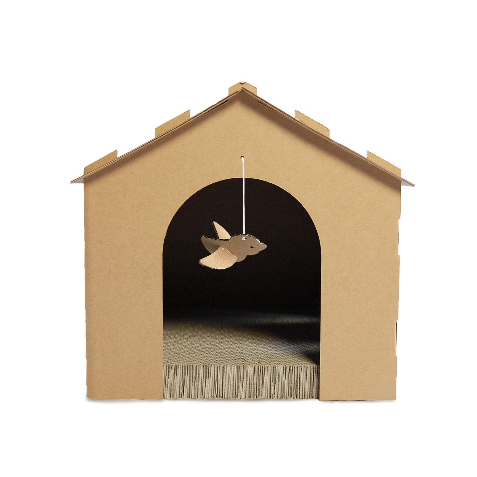 Furhaven Cardboard Cat House Gingerbread House, One Size, with Detachable Hanging Toys