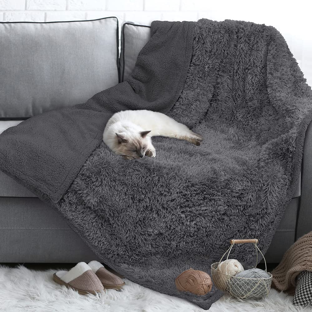 Petami Waterproof Dog Blanket For Medium Large Dogs, Calming Fleece Cat Blanket, Couch Protector Washable Sherpa Faux Fur Pet Throw For Puppy, Soft Reversible Leakproof 40X60 Gray