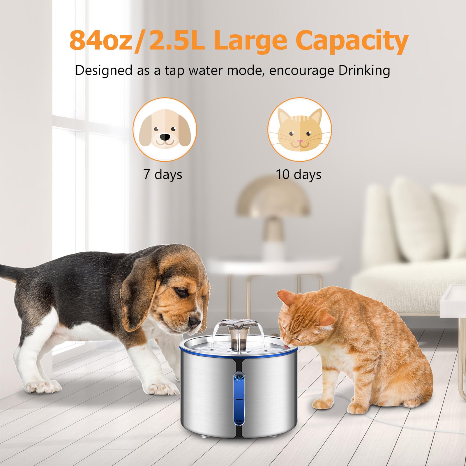 BOORCA Cat Fountain, 2.5L Stainless Steel Automatic Water Dispenser with Ultra-Quiet Pump, Perfect for Cats and Dogs - Model CWF-01