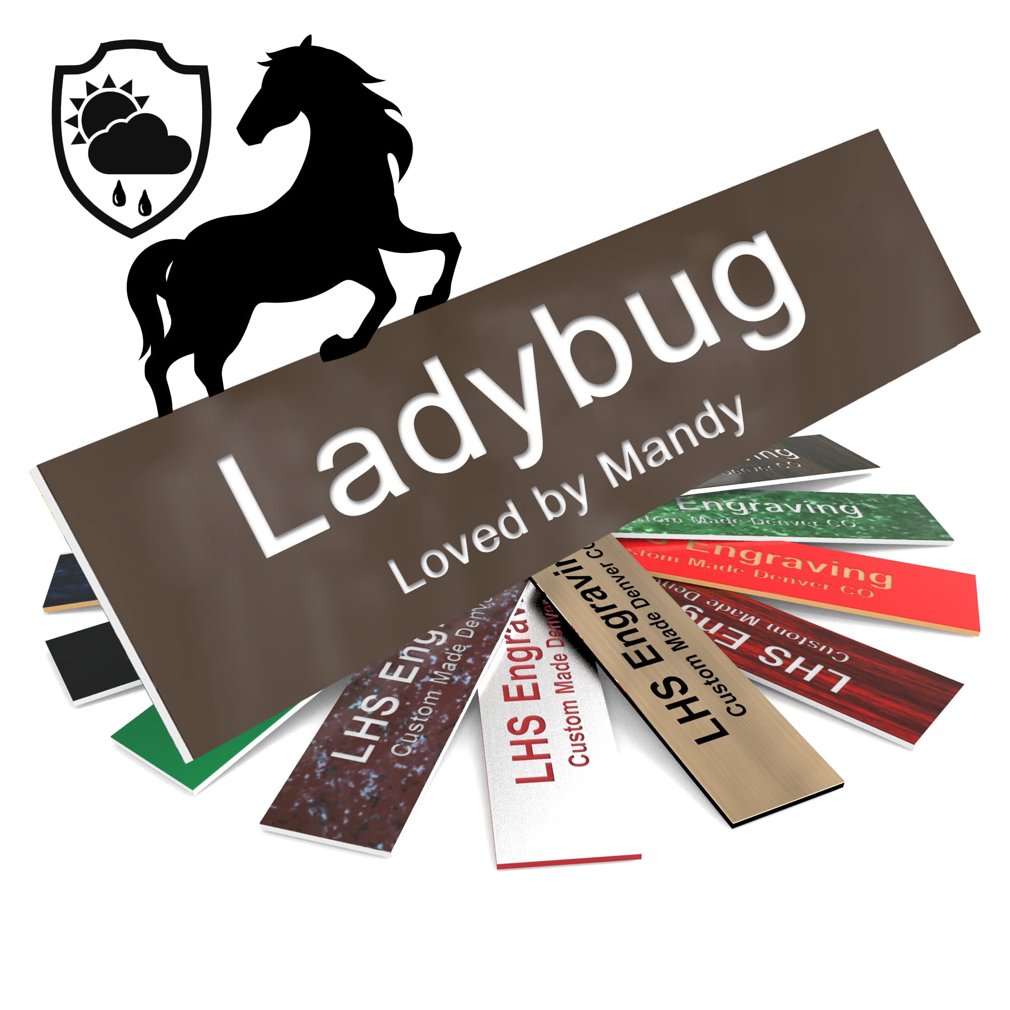 Lhs | Personalized Horse Stall Name Plates, 2X10 Horse Stall Signs With Adhesive, All Weather Uv Protected, Brown Plastic White 