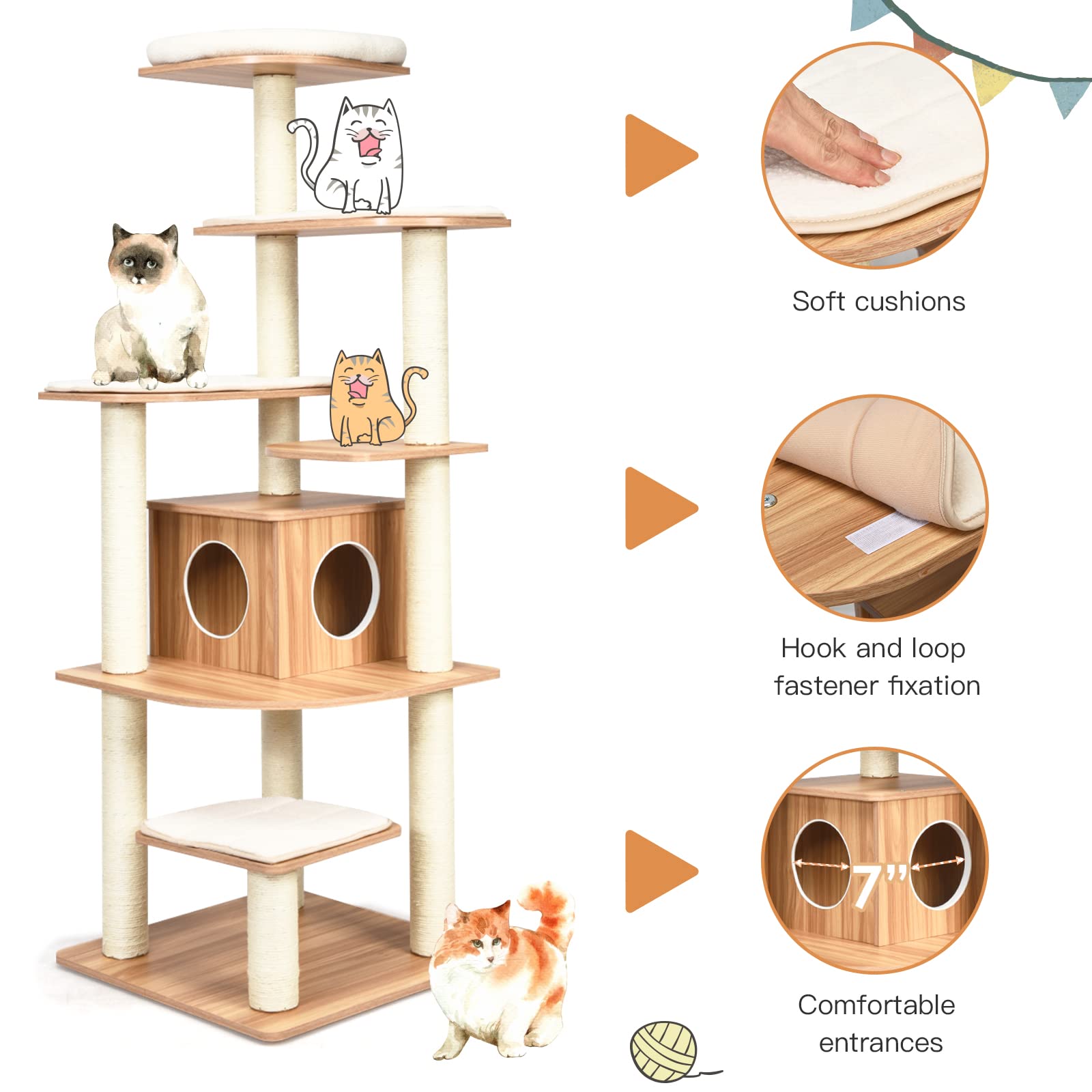 Petsite Tall Cat Tree For Indoor Cats, 69 Inches Multi-Level Modern Cat Tower With Plush Perch, Cozy Condo, Platforms, Sisal Scr