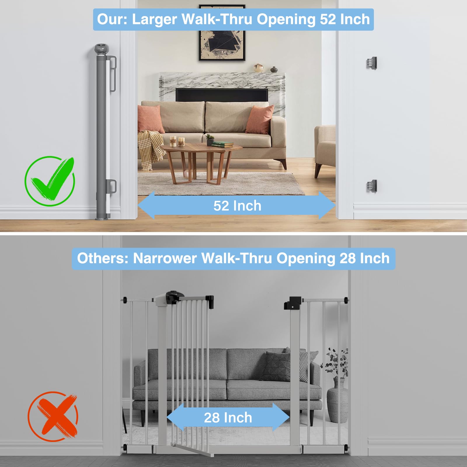 Retractable Baby Gates For Stairs, Probebi Retractable Dog Gate Indoor Extends To 54' Wide 34' Tall, Child Gates For Doorways, Stair Gate Use For Outdoor, Hallways, Doorways, Deck, Porch