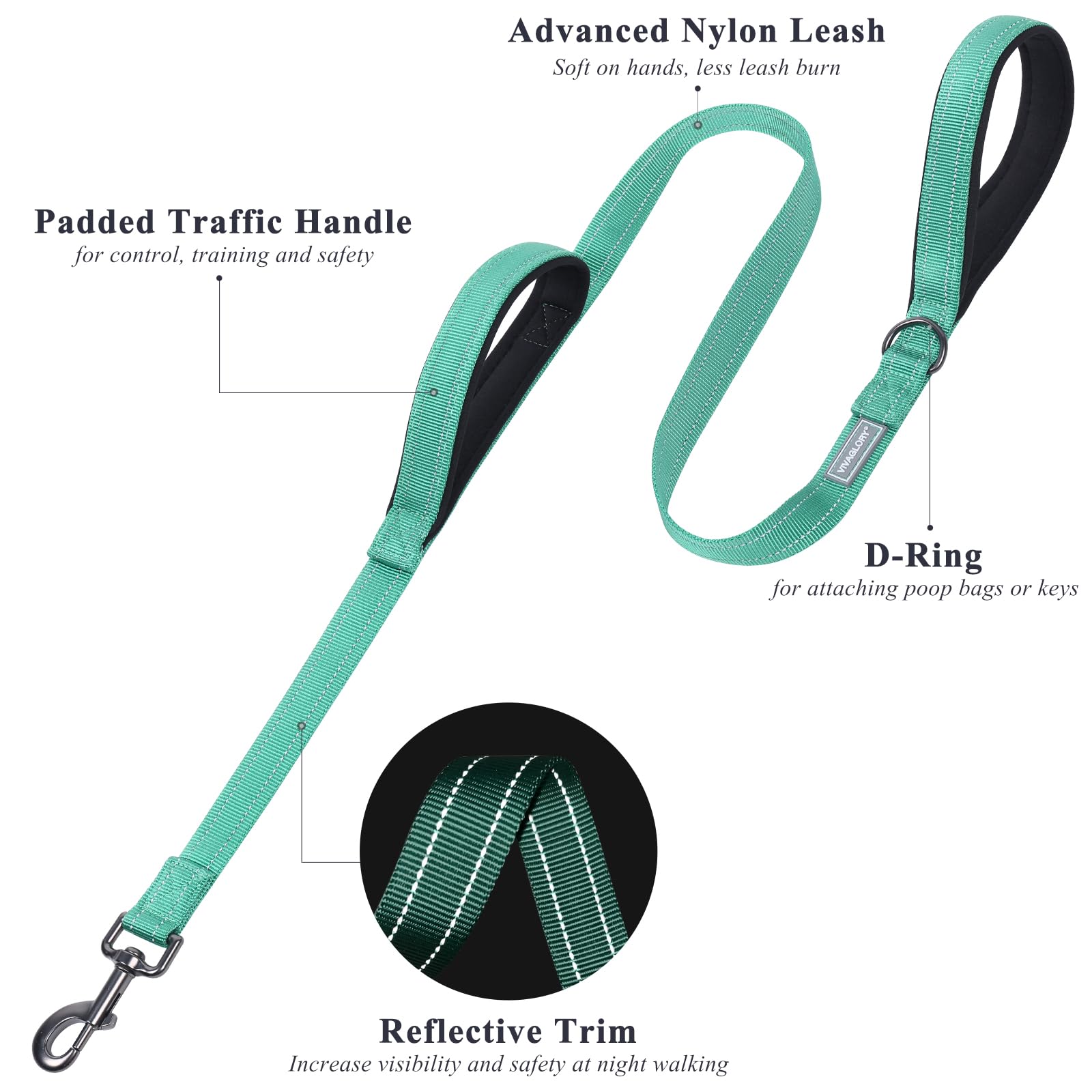 VIVAGLORY Traffic Handle Dog Leash - 4ft, Nylon, Turquoise, 2 Padded Soft Handles, Reflective & Metal Hook, for Dogs 25-120 lbs.