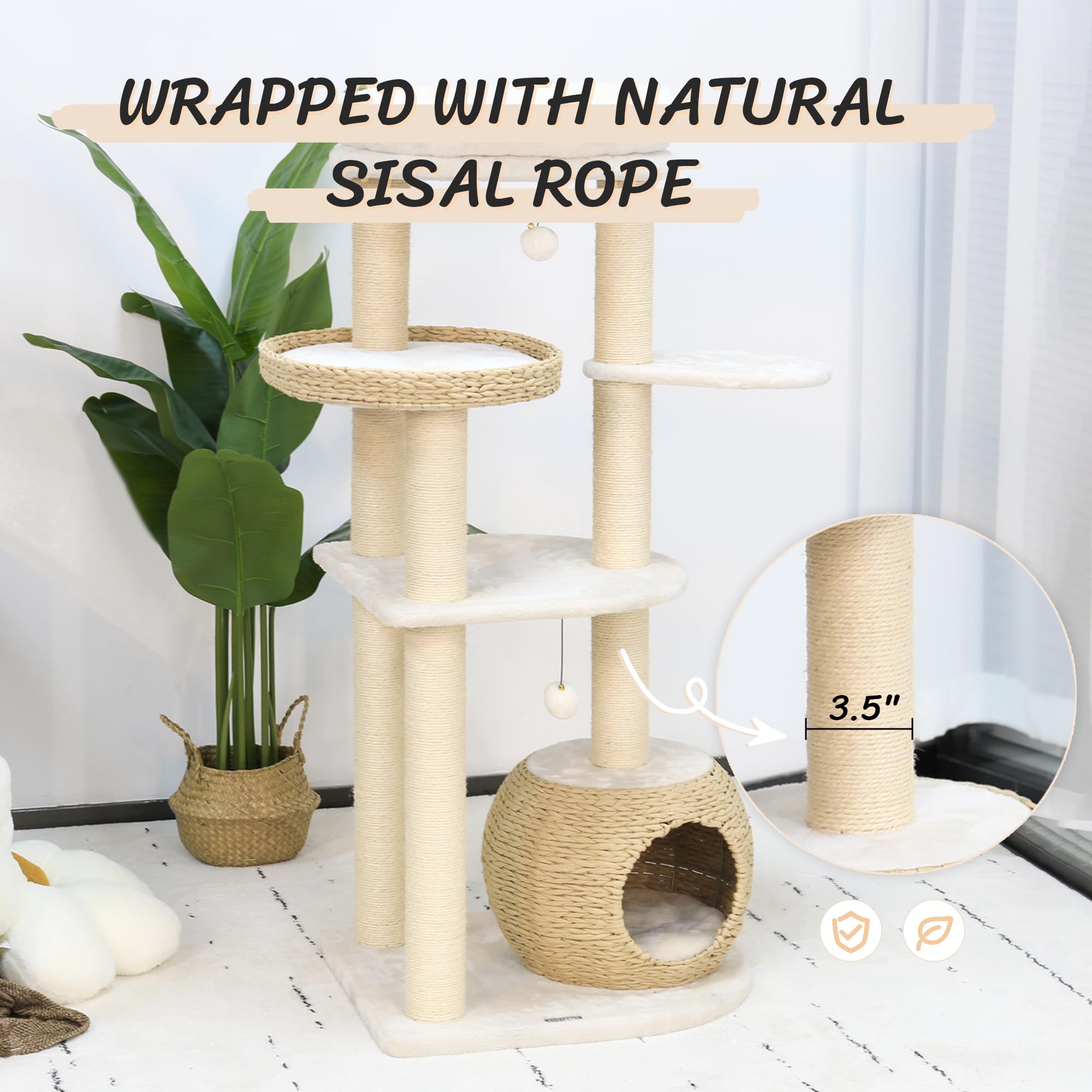KAMABOKO 53" Modern Cat Tree with Natural Sisal Scratching Posts, Hand-Woven Condo & Top Perch for Indoor Cats - Model KM005