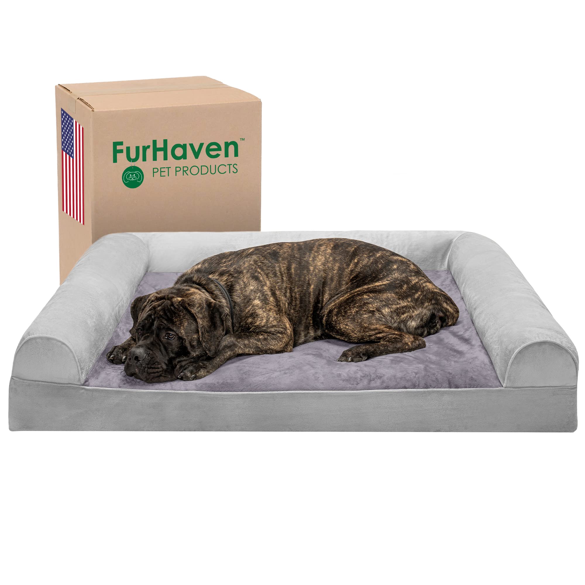 Furhaven Orthopedic Dog Bed For Large Dogs W/ Removable Bolsters & Washable Cover, For Dogs Up To 125 Lbs - Faux Fur & Velvet Sofa - Smoke Gray, Jumbo Plus/Xxl