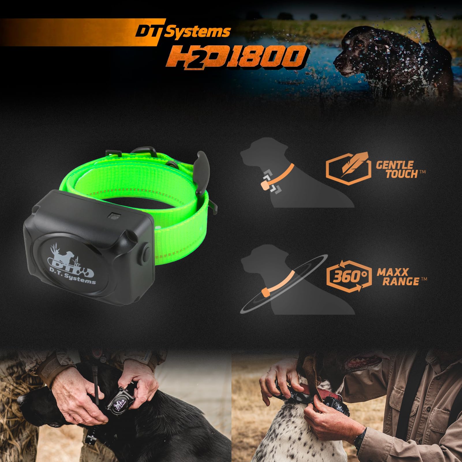 Dt Systems H2O 1810, 1820, 1830 Plus Series Add-On/Replacement Collar Receiver, Waterproof Rechargeable Remote Hunting Dog Training Additional E-Collar, 1800-Yard Range, 16 Stimulation Levels, Green