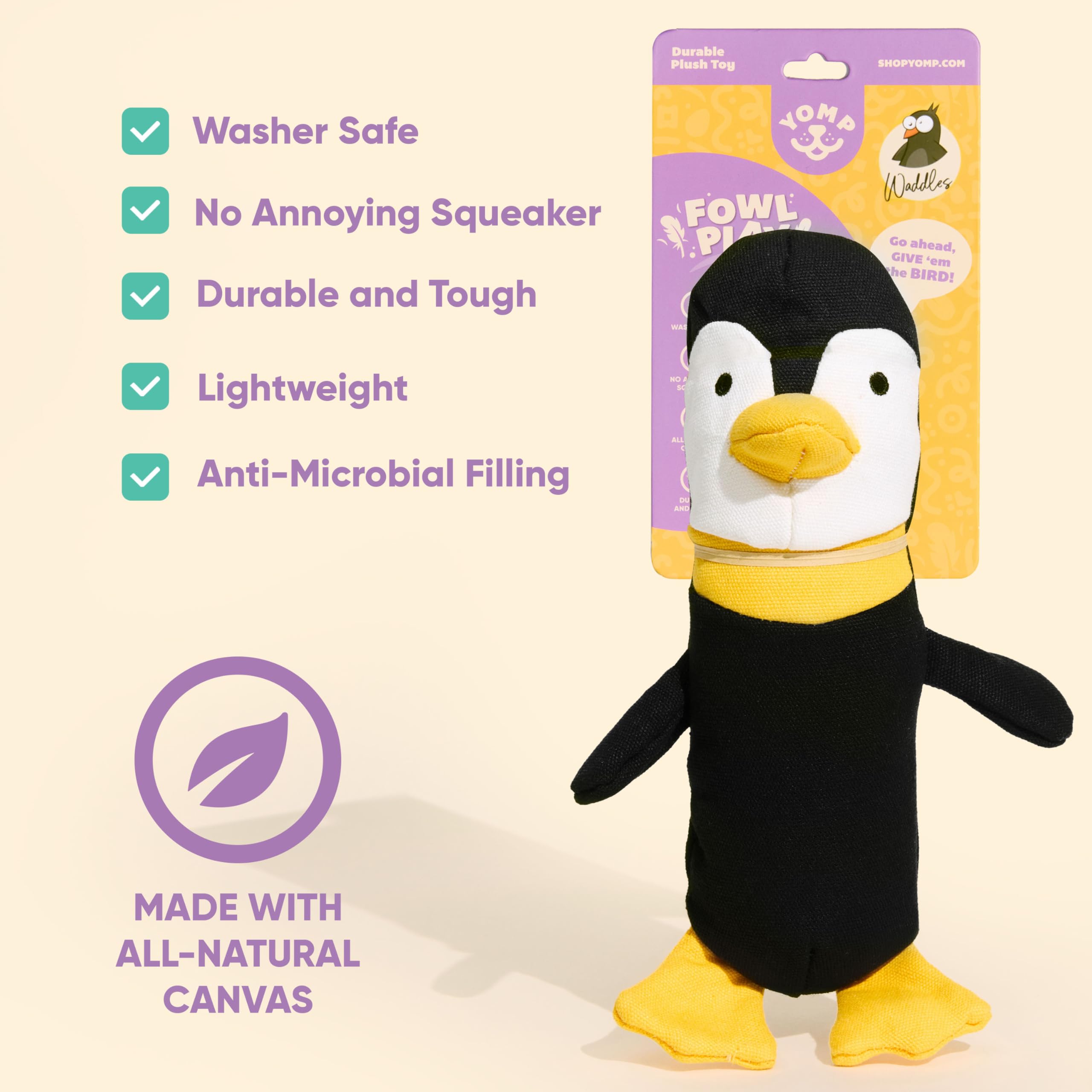 Yomp Penguin Dog Toy - Durable Plush Chew Toy With Natural Canvas And Crinkle Paper - Interactive Stuffed Animal For Dogs (Waddl